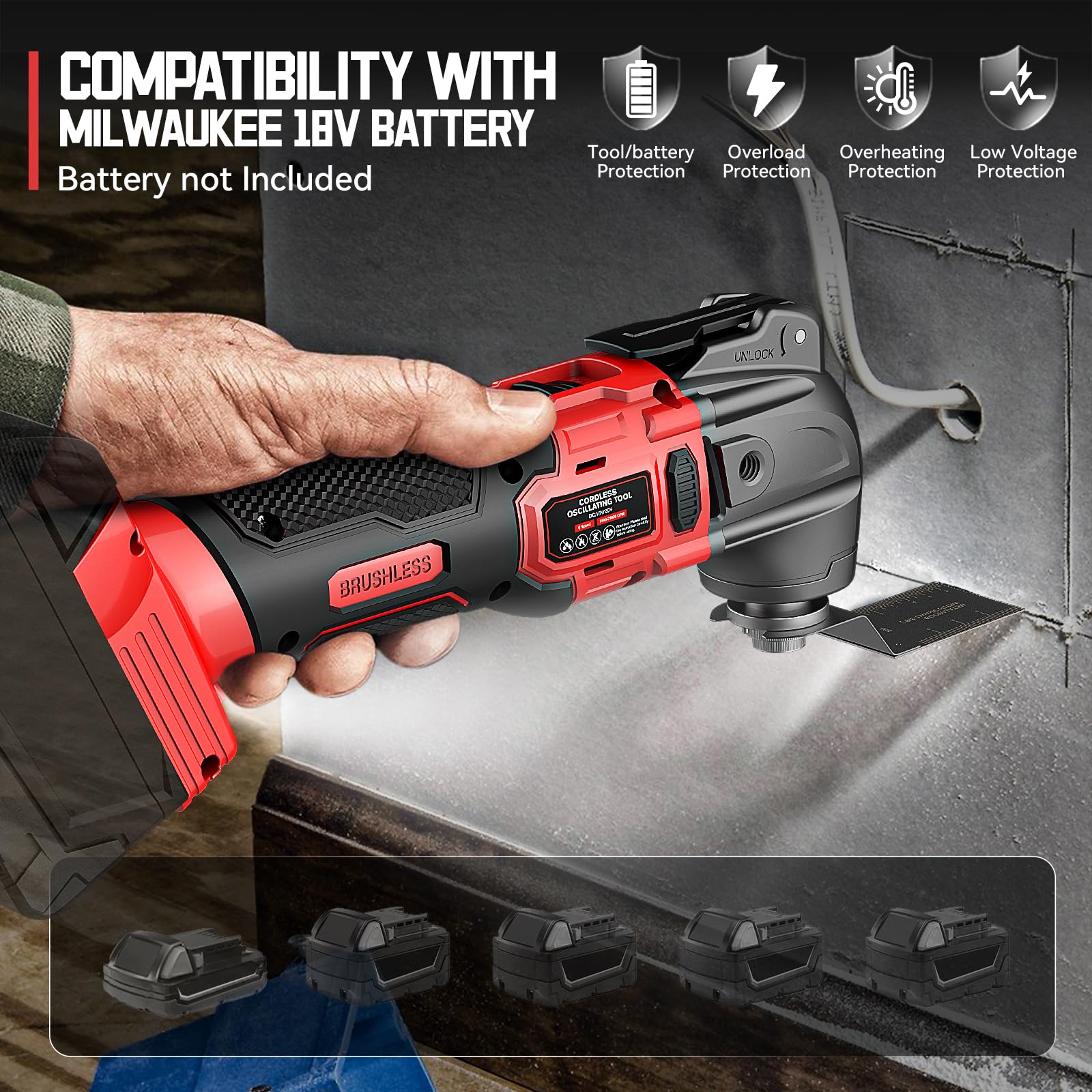 Ecarke Multiherramienta Oscilante Compatible con Baterías M-ilwaukee 18V, con 6 Velocidades Ajustables y Motor sin Escobillas para Raspar, Limar, con 23 Accesorios(Solo Herramienta)-Rojo