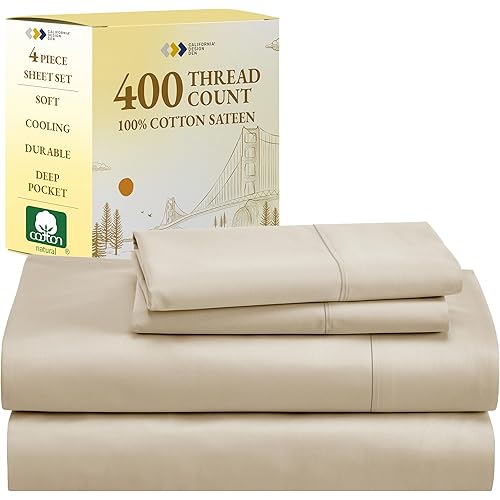 California Design Den Queen Sheet Set, 100% Cotton 400 Thread Count Sateen Cotton Sheets, Soft & Breathable,Cooling Deep Pocket Bed Sheets (Beige)