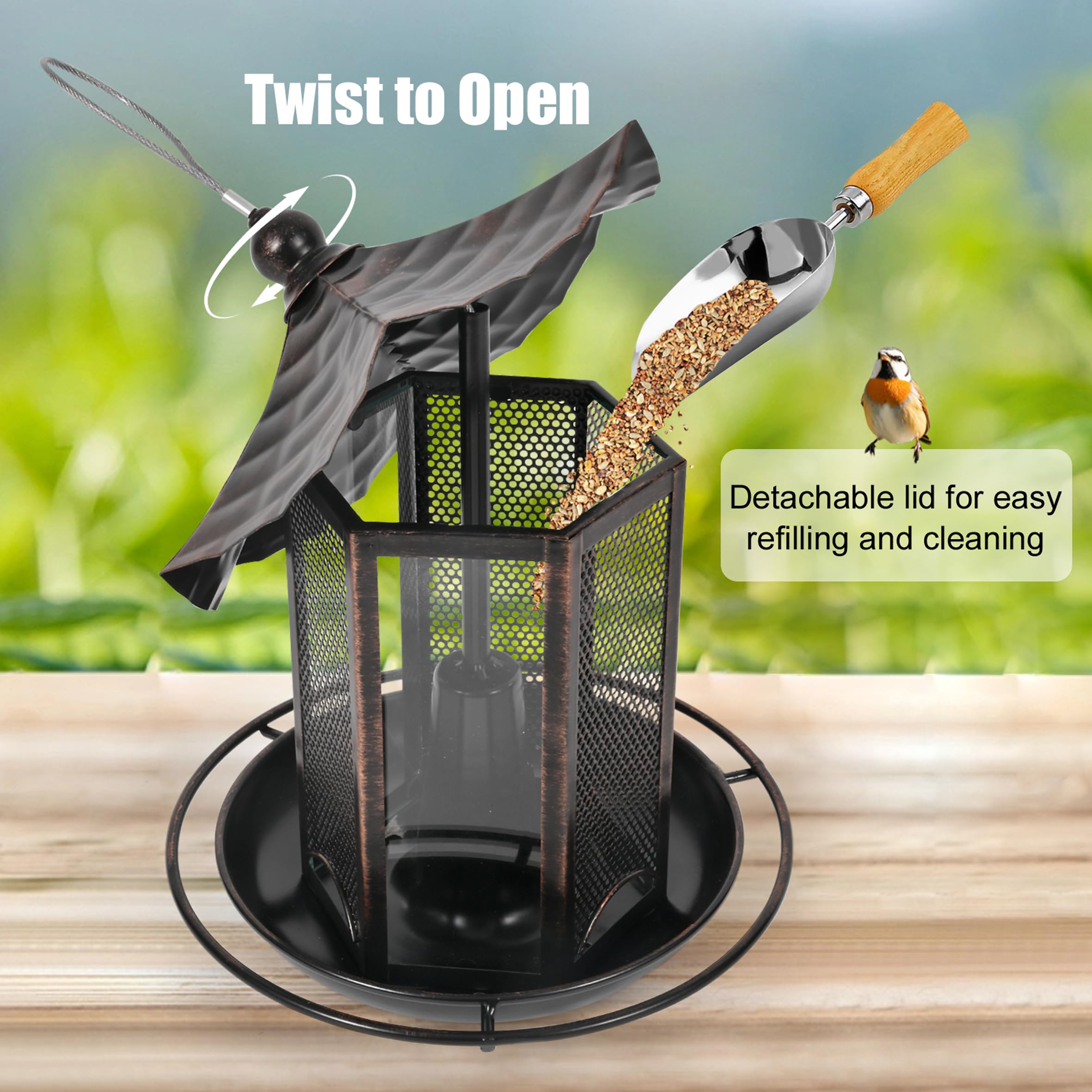 CVHOMEDECO. Mangiatoia per uccelli per esterni da appendere in metallo per uccelli selvatici, decorazione esterna da giardino a forma esagonale con tetto, rame antico