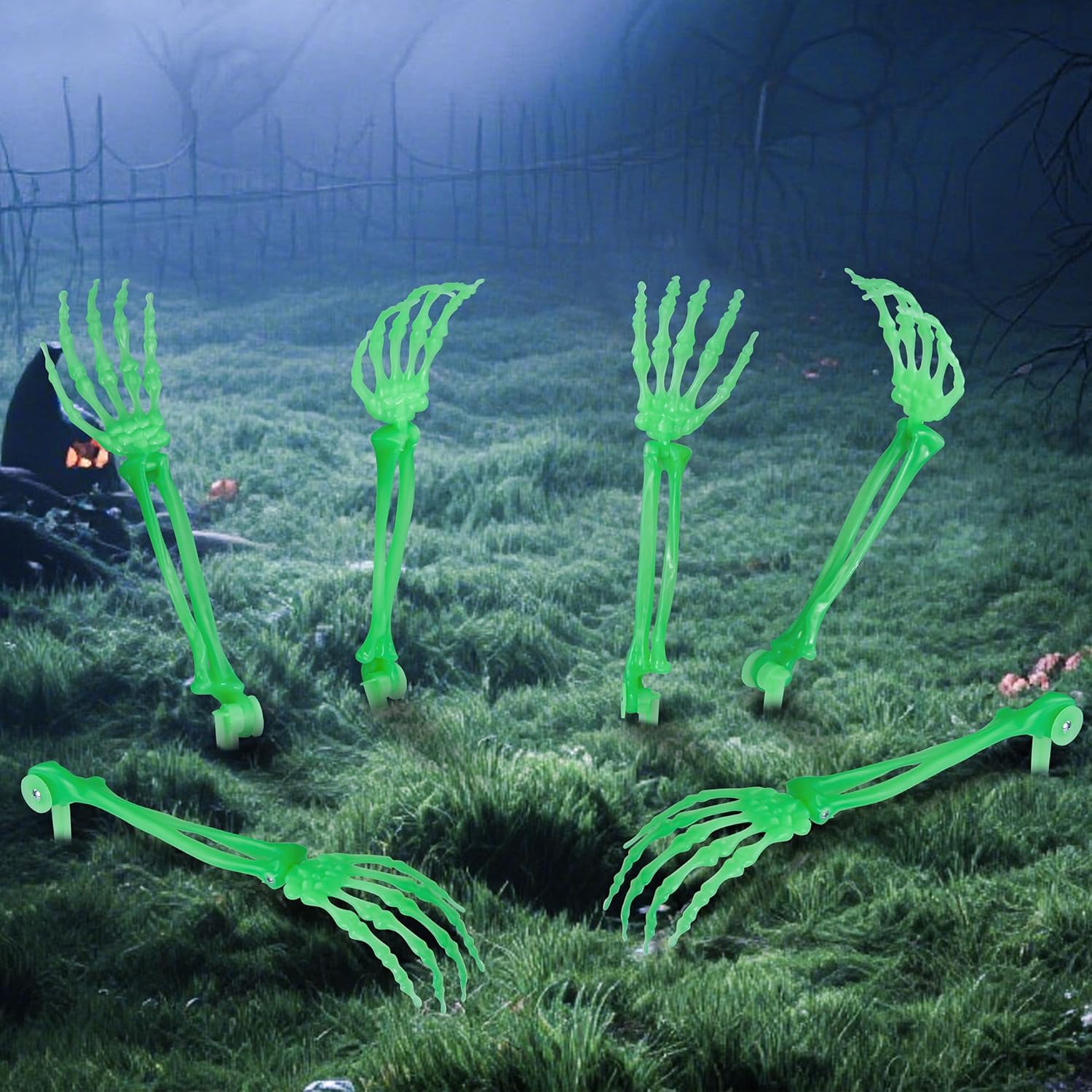 Halloween Realistic Skeleton Stakes Zombie Ghost Arm Stake Severed Plastic Glow in Dark Skeleton Hands Yard Signs for Halloween Props Decorations (6 Pcs Green)