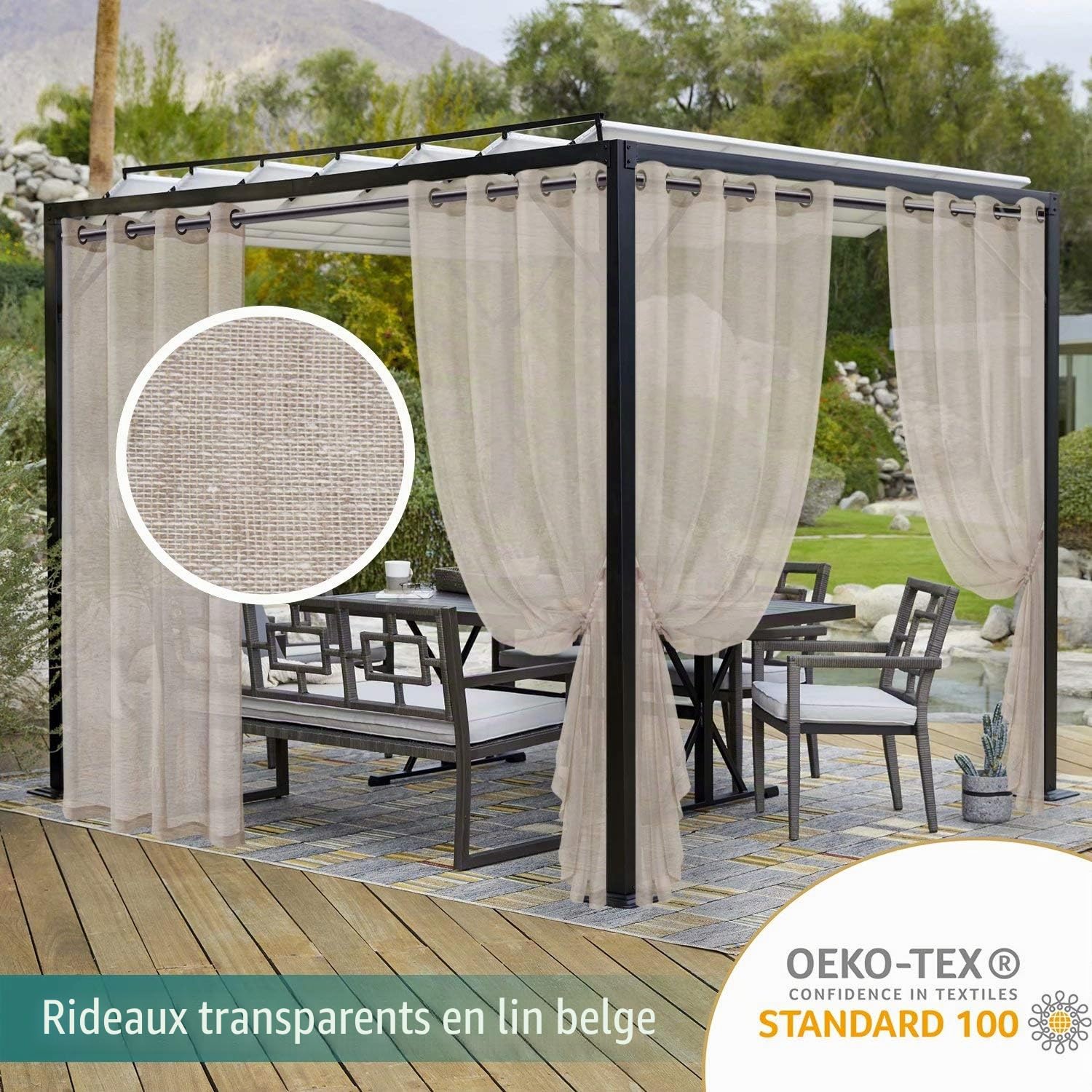 LORDTEX Lot de 2 Rideaux Transparents imperméables en Toile de Jute Aspect Lin pour terrasse, Porche, cabane, pergola et tonnelle – Voilages d'intérieur/extérieur à œillets, 132 x 241 cm, Lin