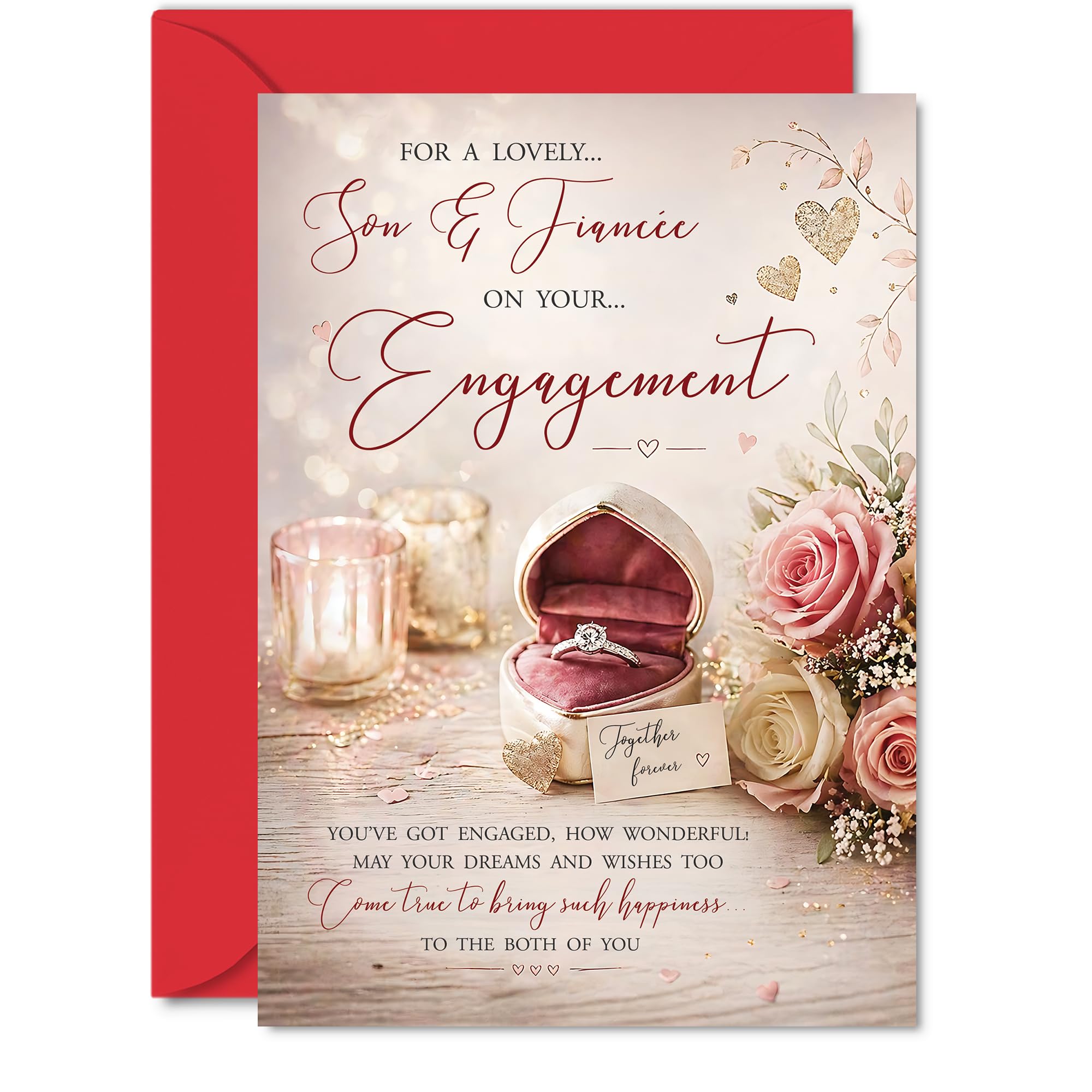 Heartfelt Engagement Card for Son & Fiancee, Warm Wishes and Floral Charm
