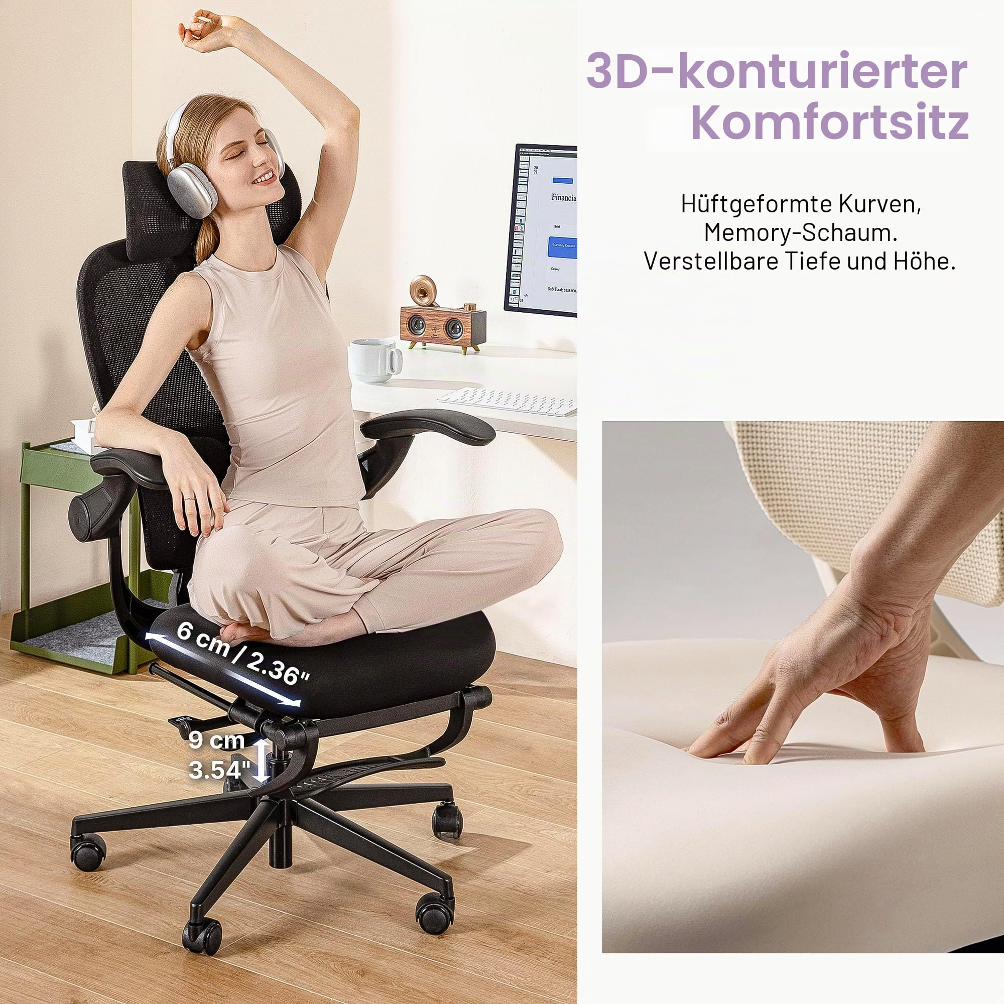 HINOMI Q2 Ergonomischer Bürostuhl mit Lendenwirbelstütze, verstellbarem Kopfstütze, Mesh-Sitz, klappbaren Armlehnen, neigbar mit Fußstütze, stilvolles Modell für Home Office & Studium (Grau)