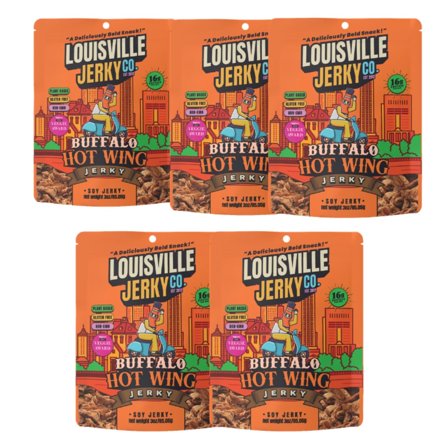 Louisville Vegan Jerky - Buffalo Hot Wing, Vegetarian & Vegan-Friendly Jerky, 21 Grams of Non-GMO Soy Protein, 210 Calories Per Bag, Gluten-Free Ingredients (3 oz, 5-Pack)