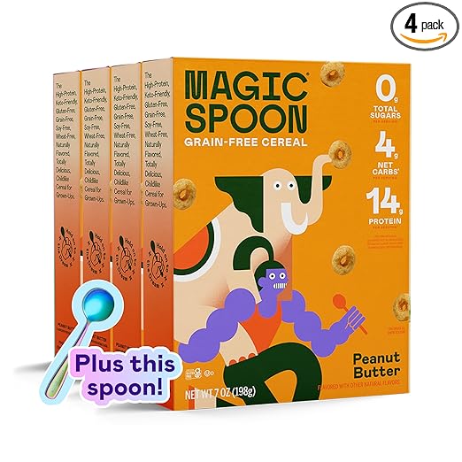 Magic Spoon Cereal, Peanut Butter 4-Pack of Cereal and Spoon - Keto & Low Carb Lifestyles I Gluten & Grain Free I High Protein I 0g Sugar