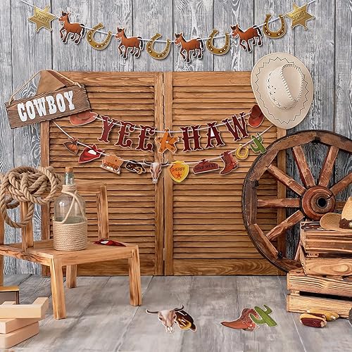Miniatura 5 de Sinmoe 5 unidades de decoraciones de fiesta de vaquero occidental, banderín, banderín de vaquero del salvaje oeste, guirnalda colgante de Yee Haw,