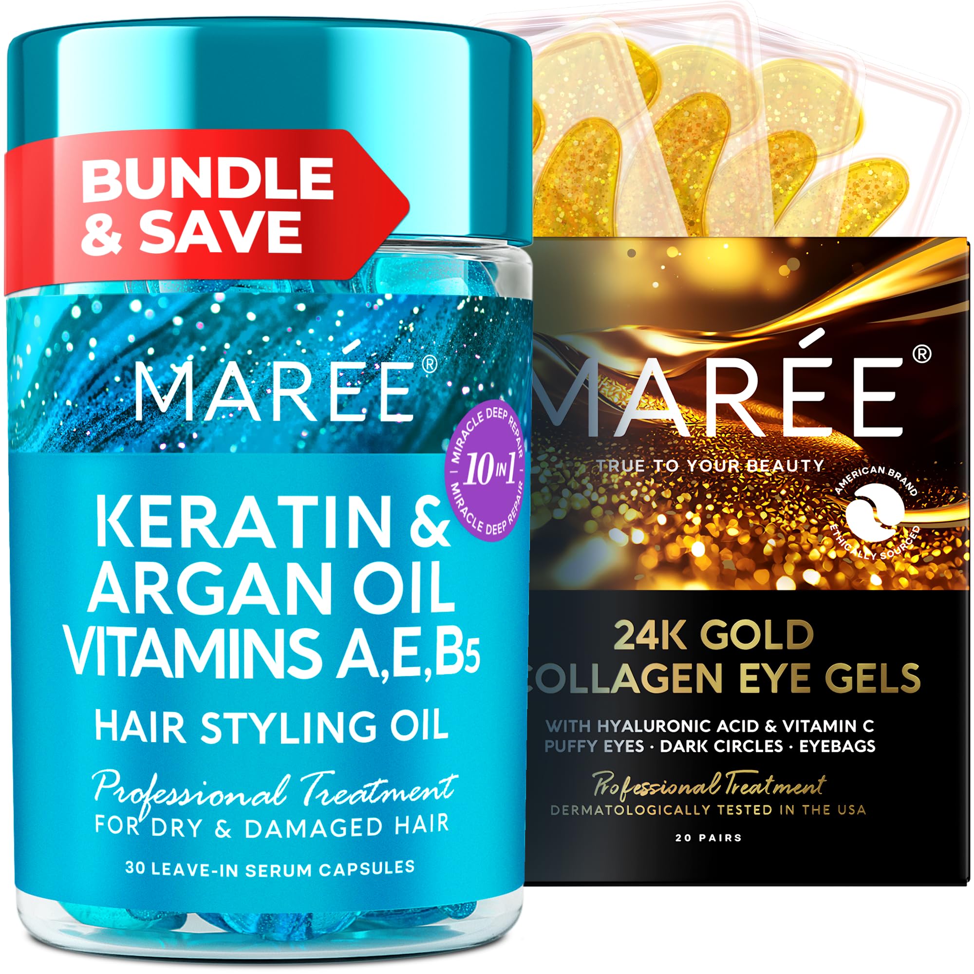 MAREE Bundle - Hair Styling Capsules, Under Eye 24K Gold Patches - Keratin, Jojoba & Argan Oil - Collagen & Hyaluronic Acid - Leave-in Anti Frizz Conditioner - Gels for Puffy Eyes & Dark Circles