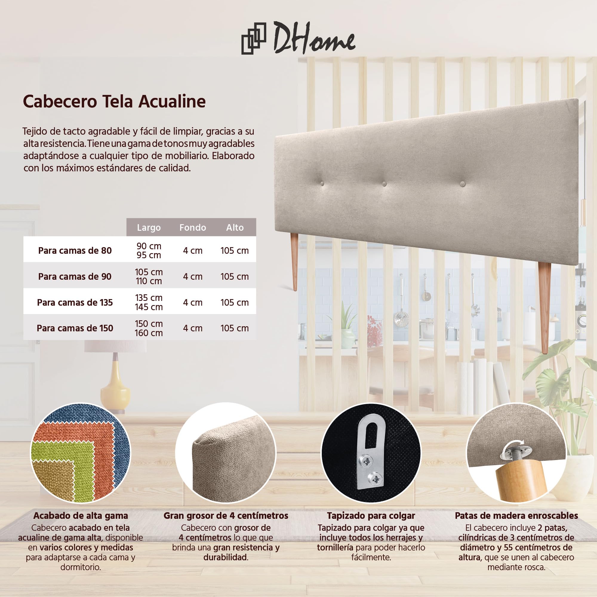 DHOME Testiera in similpelle o in tessuto acualina con bottoni e gambe Testiera imbottita di fascia alta Letto di lusso Camera da letto (Tessuto Beige, 160x105cm (Letti 150/160))