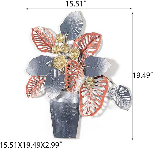 Miniatura 5 de Adeco Decoración de pared de hojas de metal de 19 pulgadas en jarrón para el hogar, esculturas artísticas para la sala de estar, dormitorio,