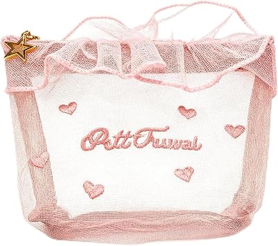 2Pcs Cute Makeup Bag for Women, Y2K Coquette Aesthetic Cosmetic Bag, Pink Heart Mesh Travel Toiletry Pouch with Bow, Small Portable Makeup Organizer for Handbag, Aesthetic Girls Gift