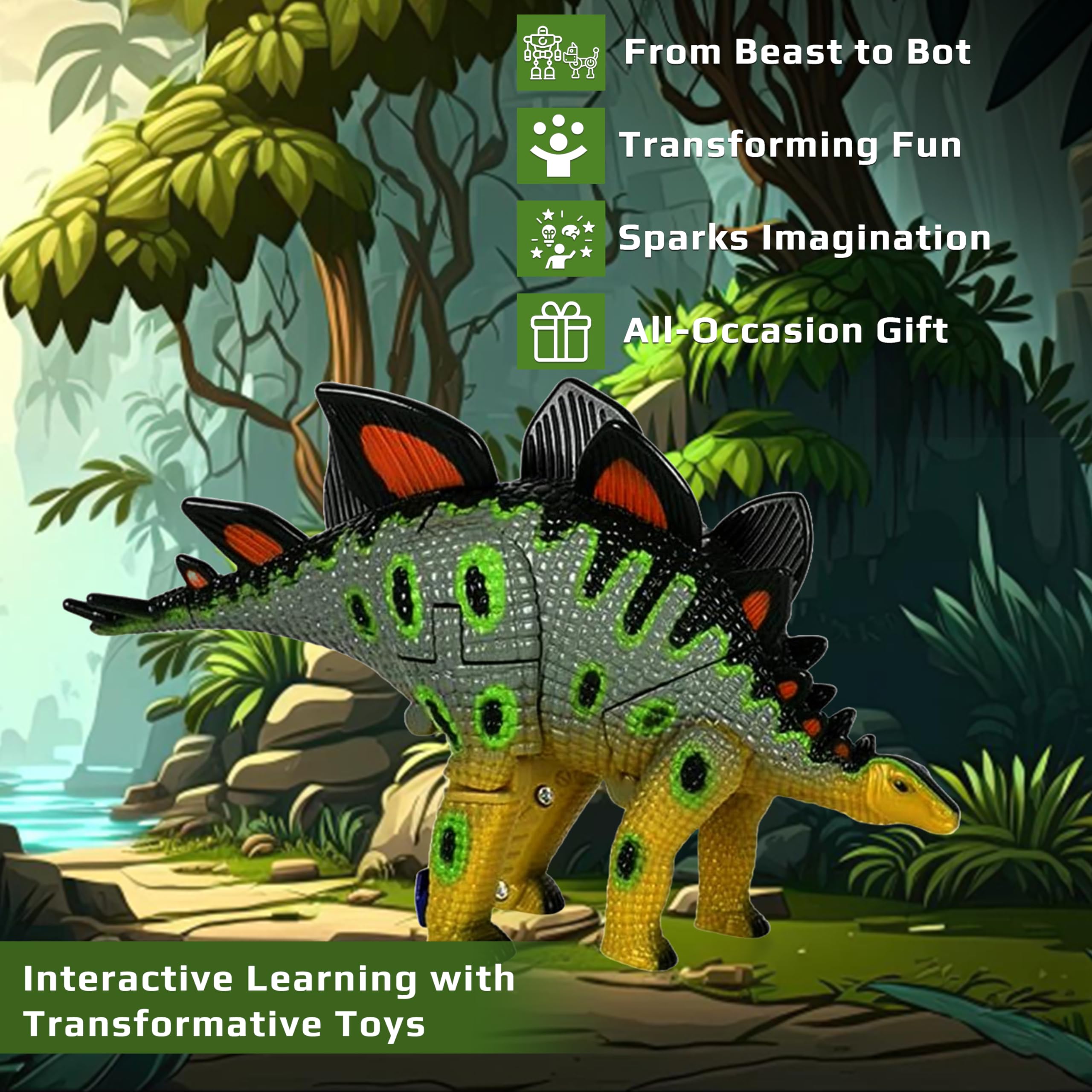 Forest & Twelfth 4" Kids Stegosaurus Animal Toy Small, Transforming Action Figure - Changes from a Detailed Toy to Unique Robot in Seconds - Great Gift for Both Girls and Boys (4" Stegosaurus)