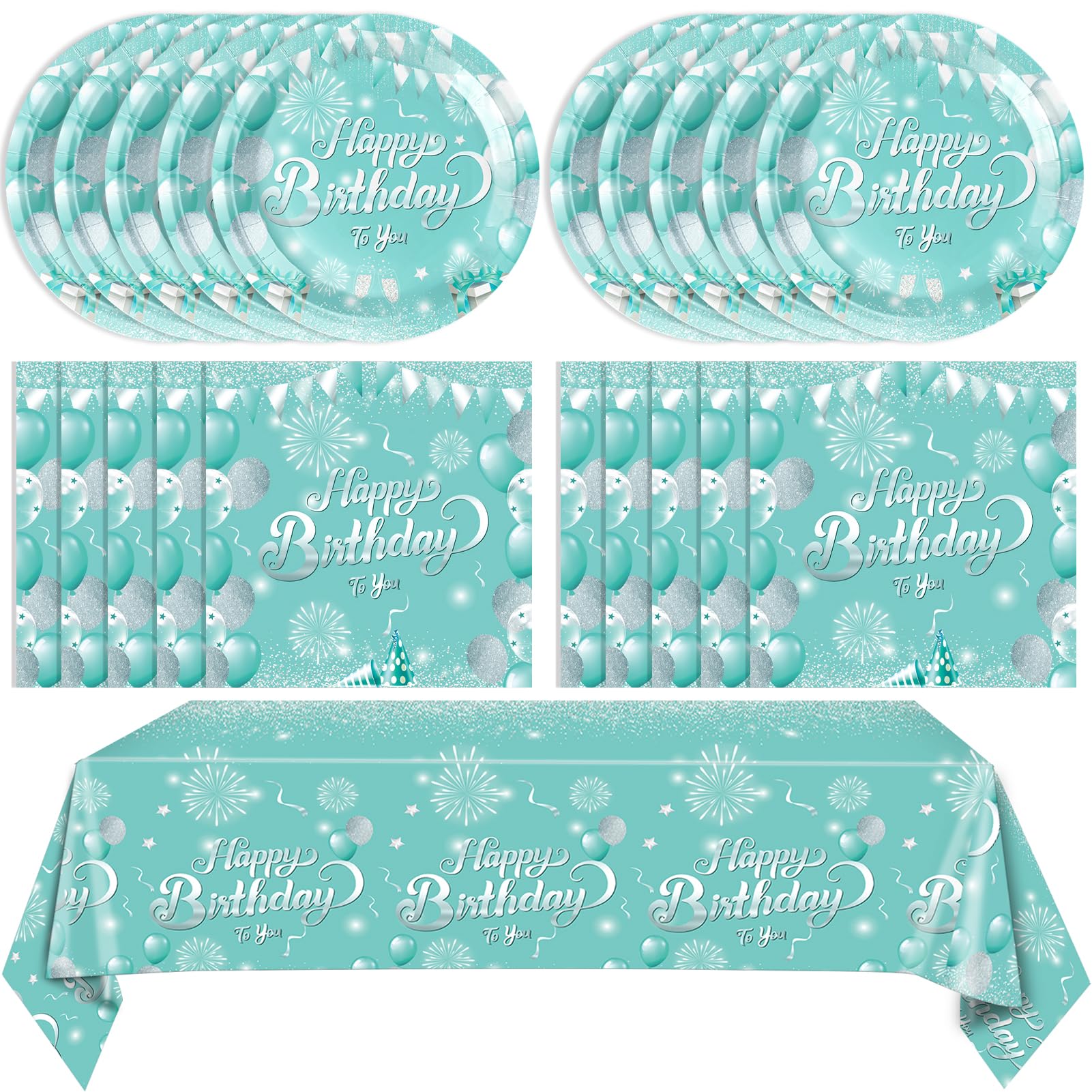 41Pcs Teal Birthday Decorations for Women Girls,Teal Silver Tableware Set Party Paper Plates Napkins Tablecloth丨13th 16th 21st 30th 40th 50th 60th