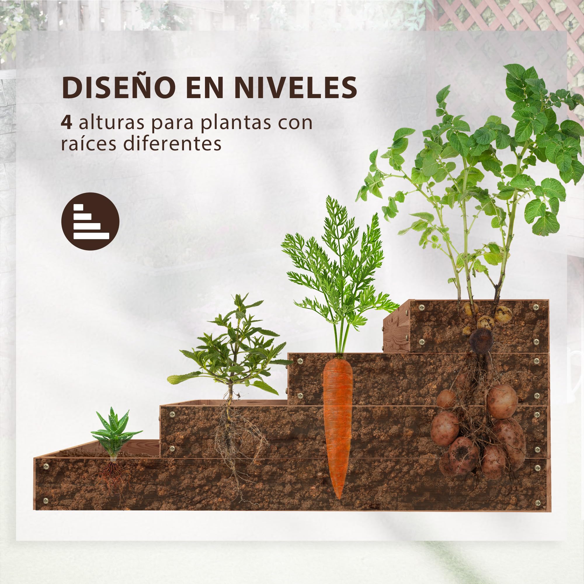 Outsunny Jardinera de Madera Elevada 4 Niveles 113x113x46 cm Café Oscuro | Jardinera Exterior Grande, Diseño de Escalera, Huerto Urbano, para Cultivos Plantas Flores, Patio Terraza Balcón