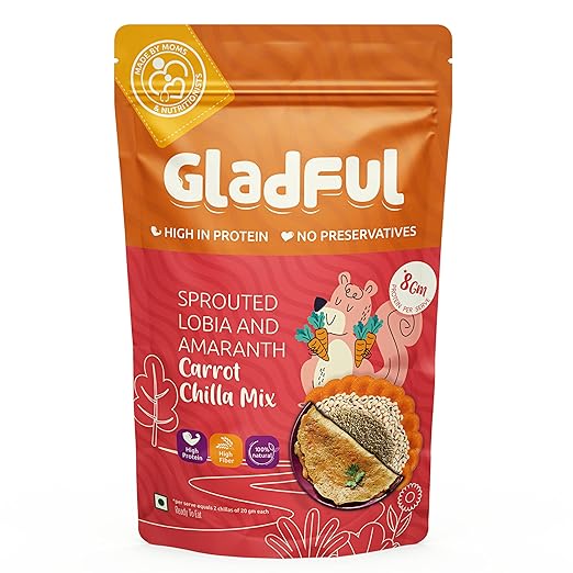 Gladful Sprouted Lentils & Millets Instant Cheela Dosa Mix, Natural Healthy Protein & Fiber-Rich Breakfast for Kids And Families, 200 G (Carrot)