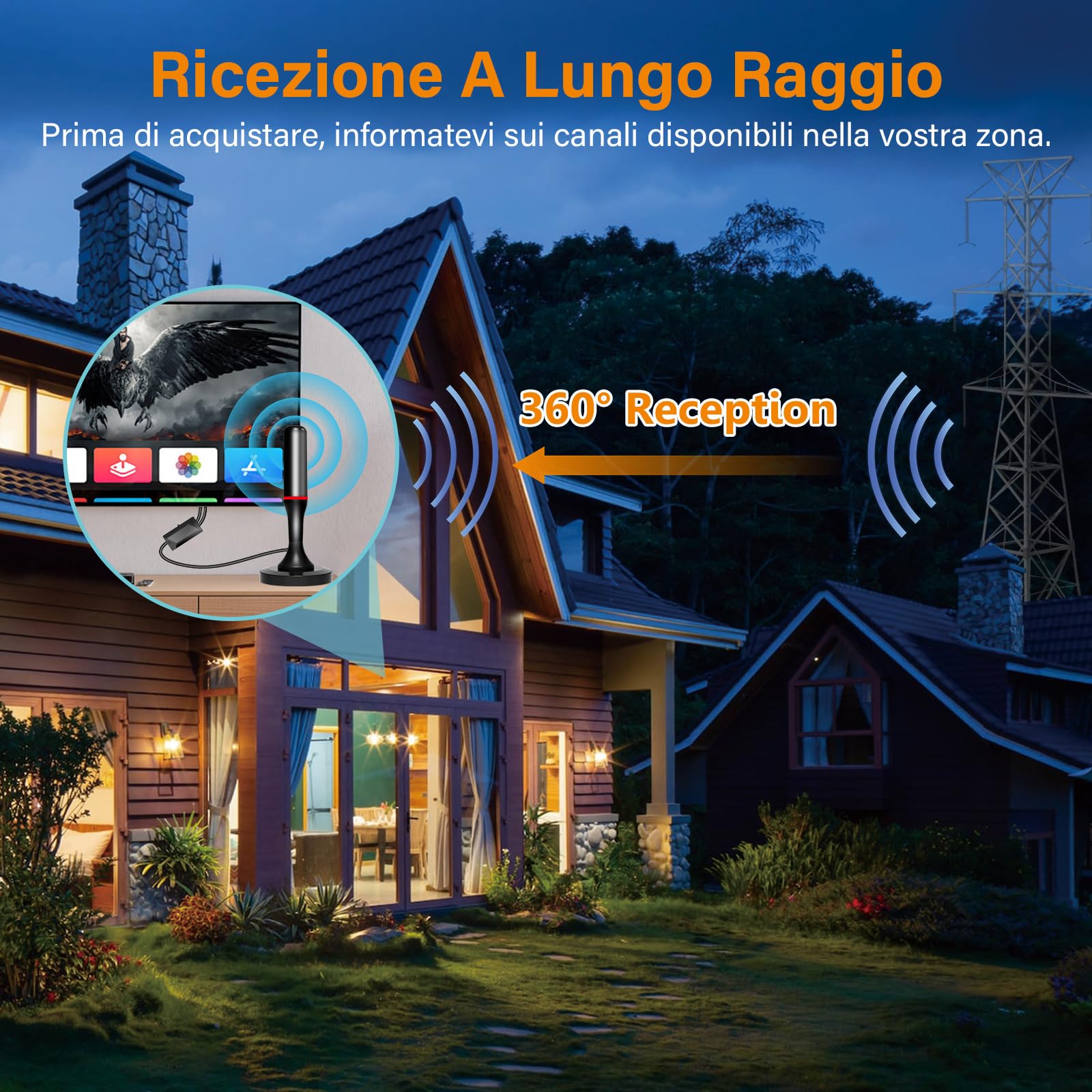 Antenna TV Interna Amplificata Potente,2025 Antenna Smart TV da interno con cavo da 3m, potente base magnetica, ricezione a 360° Supporta 4K/1080p/VHF/UHF DVB-T/T2 Canali Gratuiti