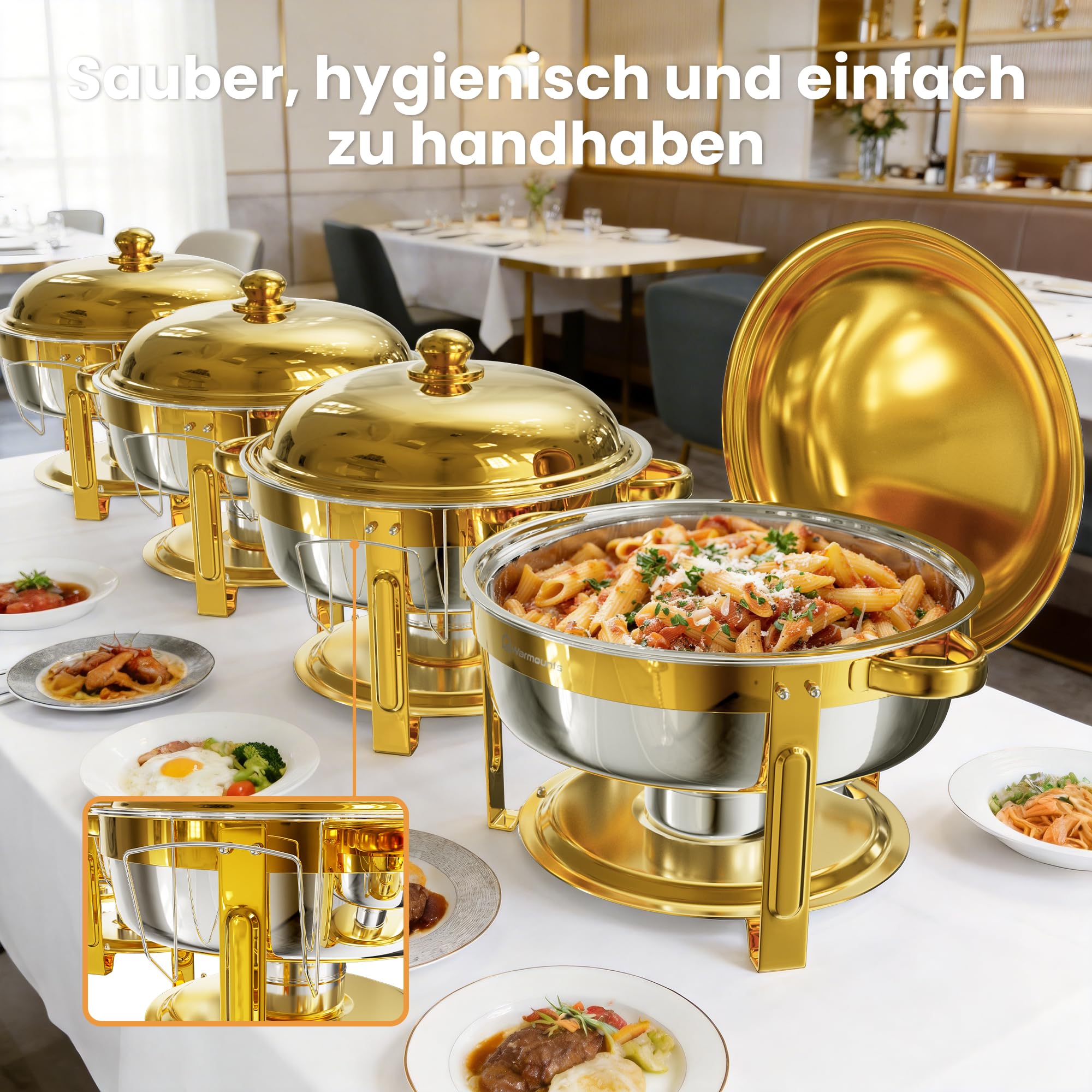 WARMOUNTS Chafing Dish 4er Set 6L Gold, Speisenwärmer Buffet Rund Edelstahl mit Deckelhalter, Warmhaltebehälter Stapelbar Catering Rechaud für Gastronomie, Partys & Hochzeiten