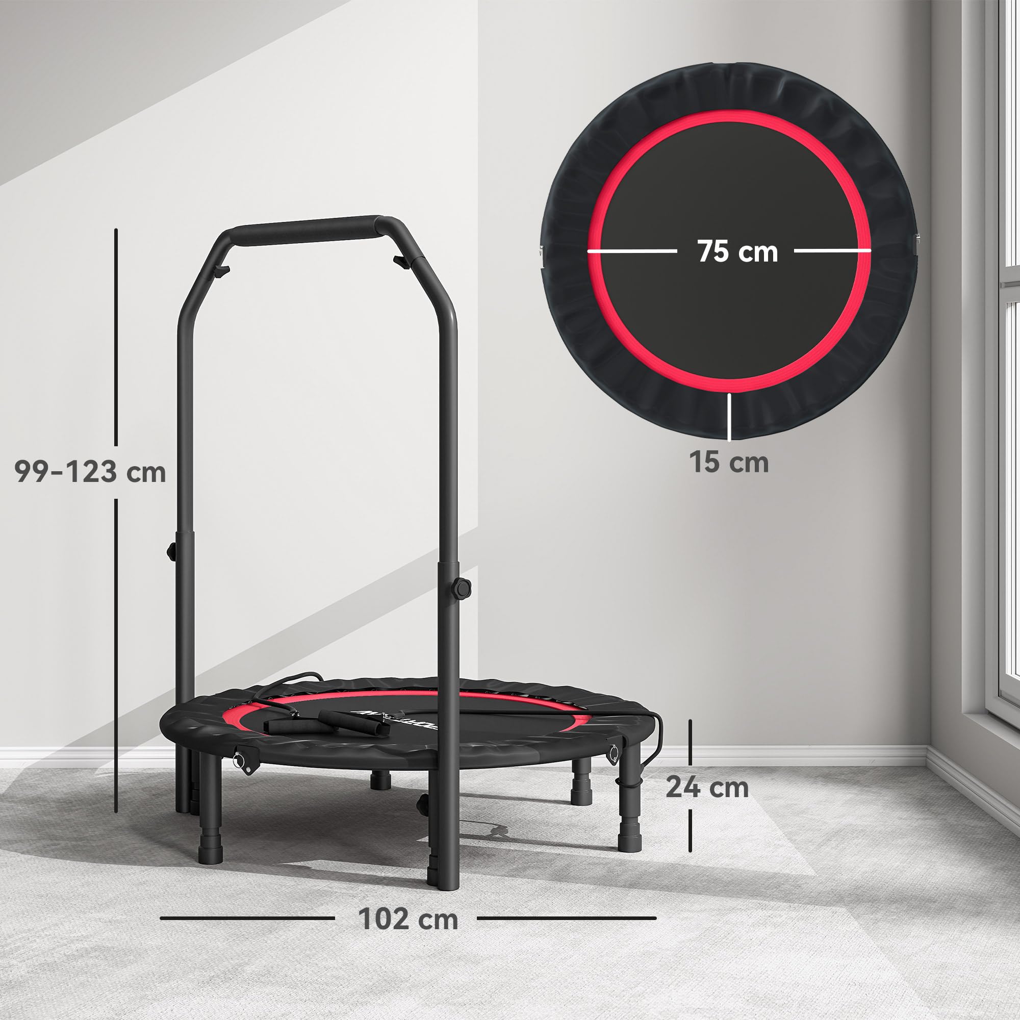SPORTNOW Trampolín de Fitness Adultos Ø102 cm, Cama Elástica Plegable con Mango Ajustable de 4 Niveles y Bandas, para Entrenamiento Piernas Cuerpo en Hogar Oficina Gimnasio Exterior, Carga 150 kg