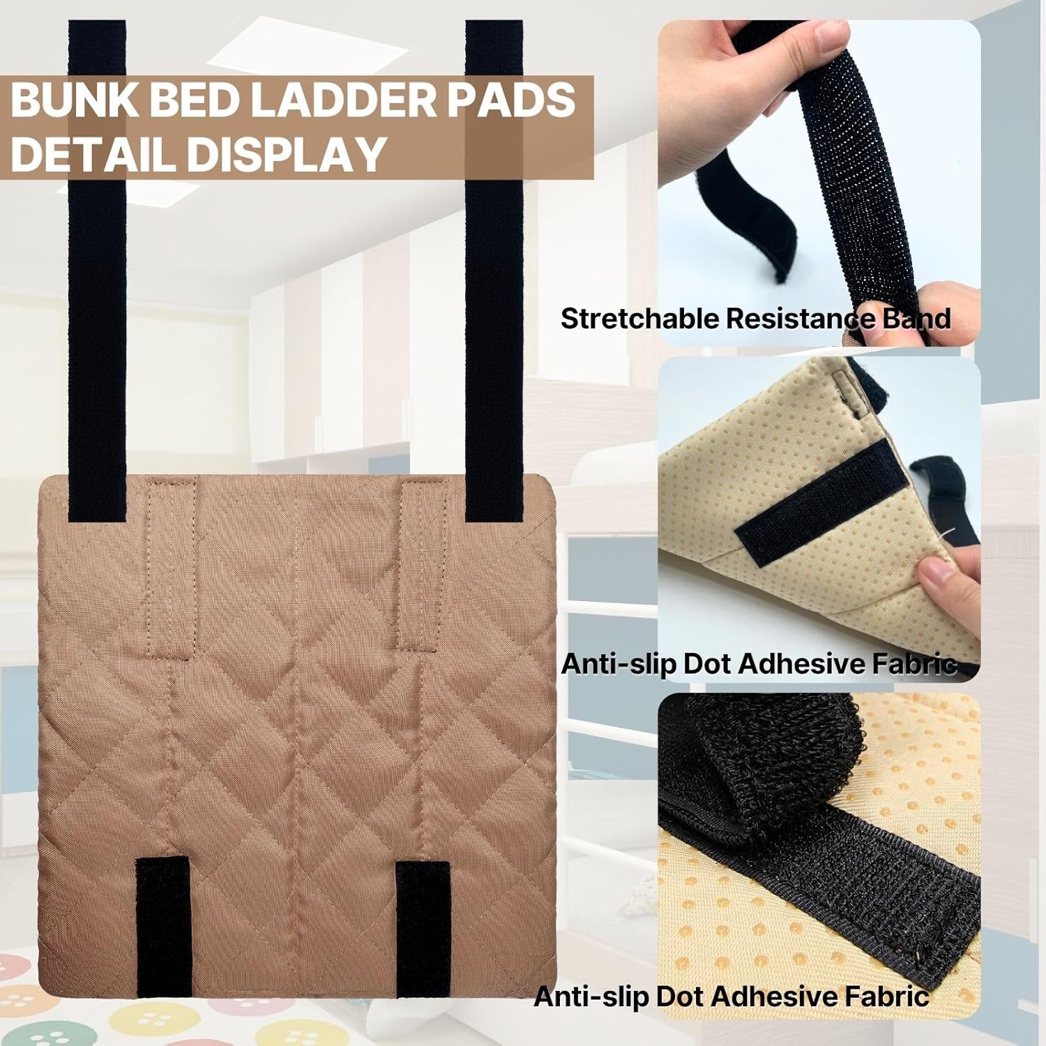 Bunk Bed Ladder Pads 4 Pack - Extra Thick Soft Ladder Covers for Feet Pain Relief, Non-Slip Quilted Padding with Strong Fastener Straps, Ideal for Dorm, Kids Room, RV Ladder (Brown, 10"x10")