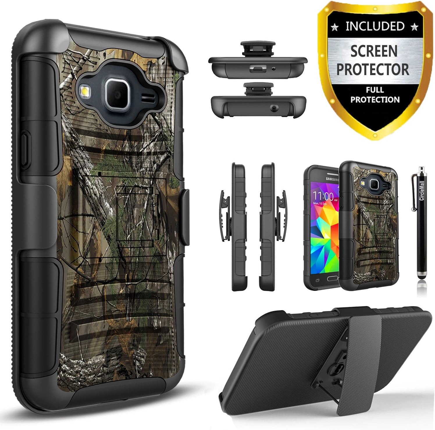 Samsung Galaxy Grand Prime Case, Galaxy J2 Prime Case, with [Premium HD Screen Protector], Circlemalls Dual Layers Combo Holster and Built-in Kickstand Shockproof Phone Cover and Stylus Pen-Camo