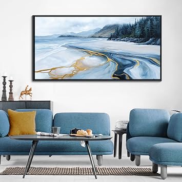 Blue and Gold Abstract Wall Art - Ocean Beach Pictures for Living Room Coastal Bedroom Paintings for Wall Decor Framed Landscape Artwork for Walls large Modern Decoration 2958IN