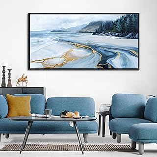 Blue and Gold Abstract Wall Art - Ocean Beach Pictures for Living Room Coastal Bedroom Paintings for Wall Decor Framed Landscape Artwork for Walls large Modern Decoration 29×58IN