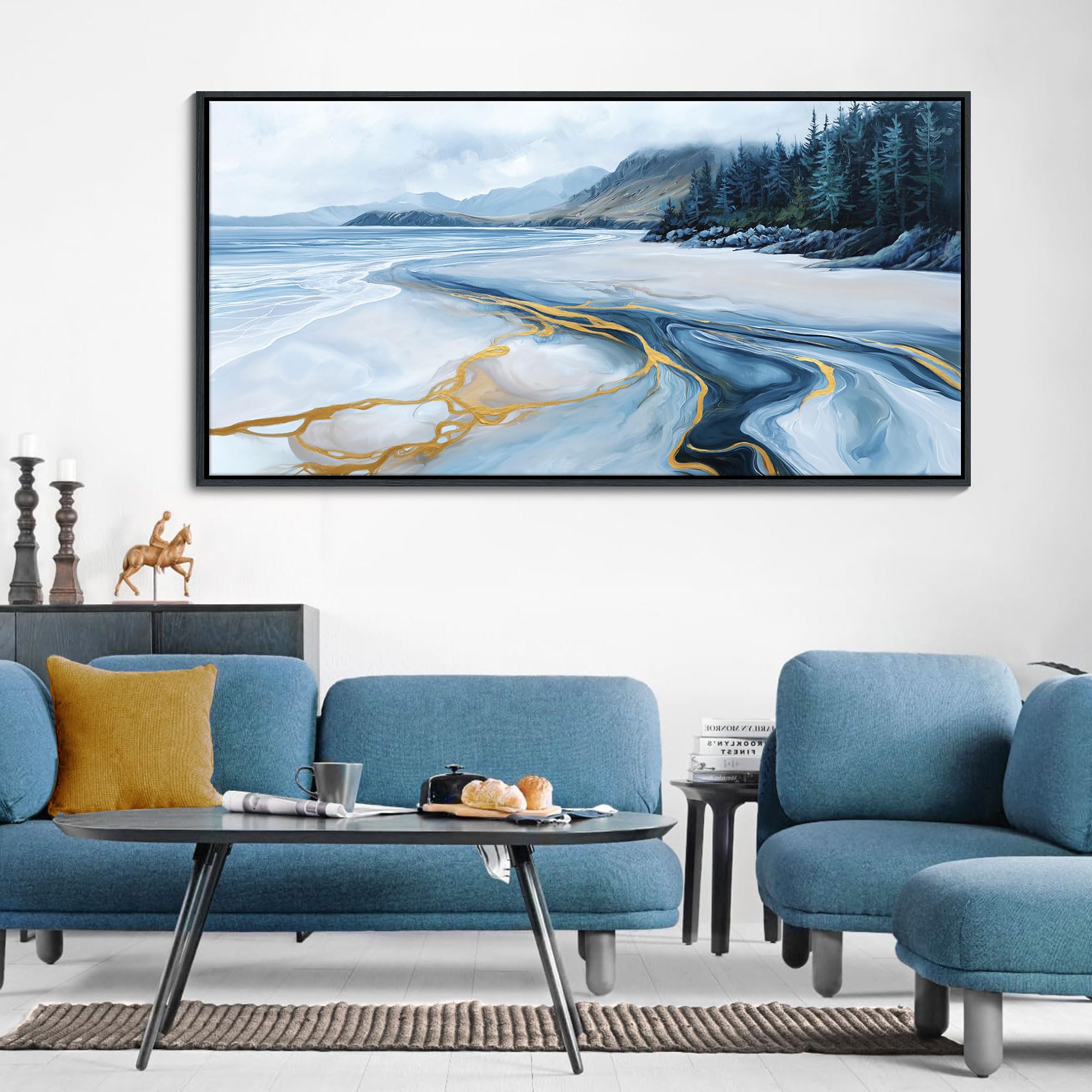 Blue and Gold Abstract Wall Art - Ocean Beach Pictures for Living Room Coastal Bedroom Paintings for Wall Decor Framed Landscape Artwork for Walls