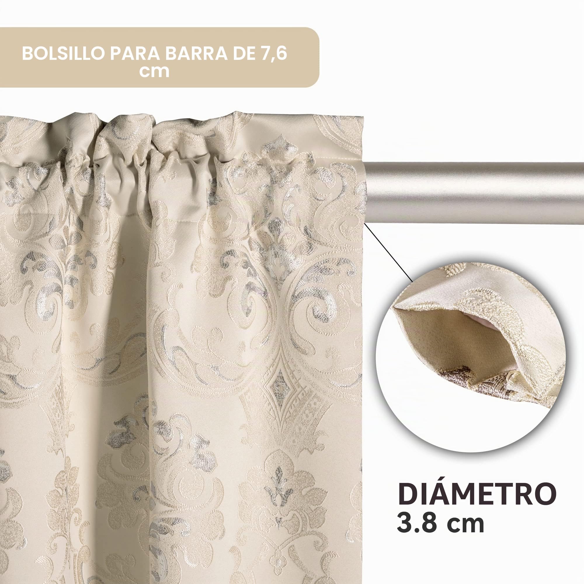 Cortinas Damasco para Ventanas, Cortinas Opacas 132x213cm para Dormitorio Salón Cocina, 2 Paneles con Cintas (Beige)