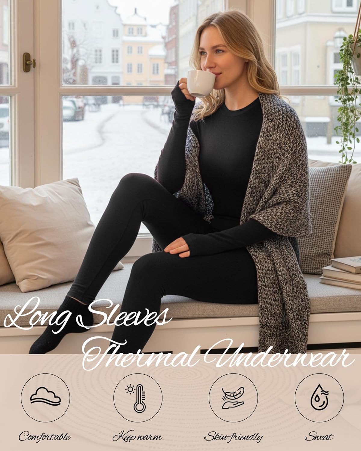 Patelai 2 Pack Womens Thermal Underwear Fleece Lined Base Layer Set Long Sleeves Cold Weather Top Bottom Winter Pajama Set - Image 6