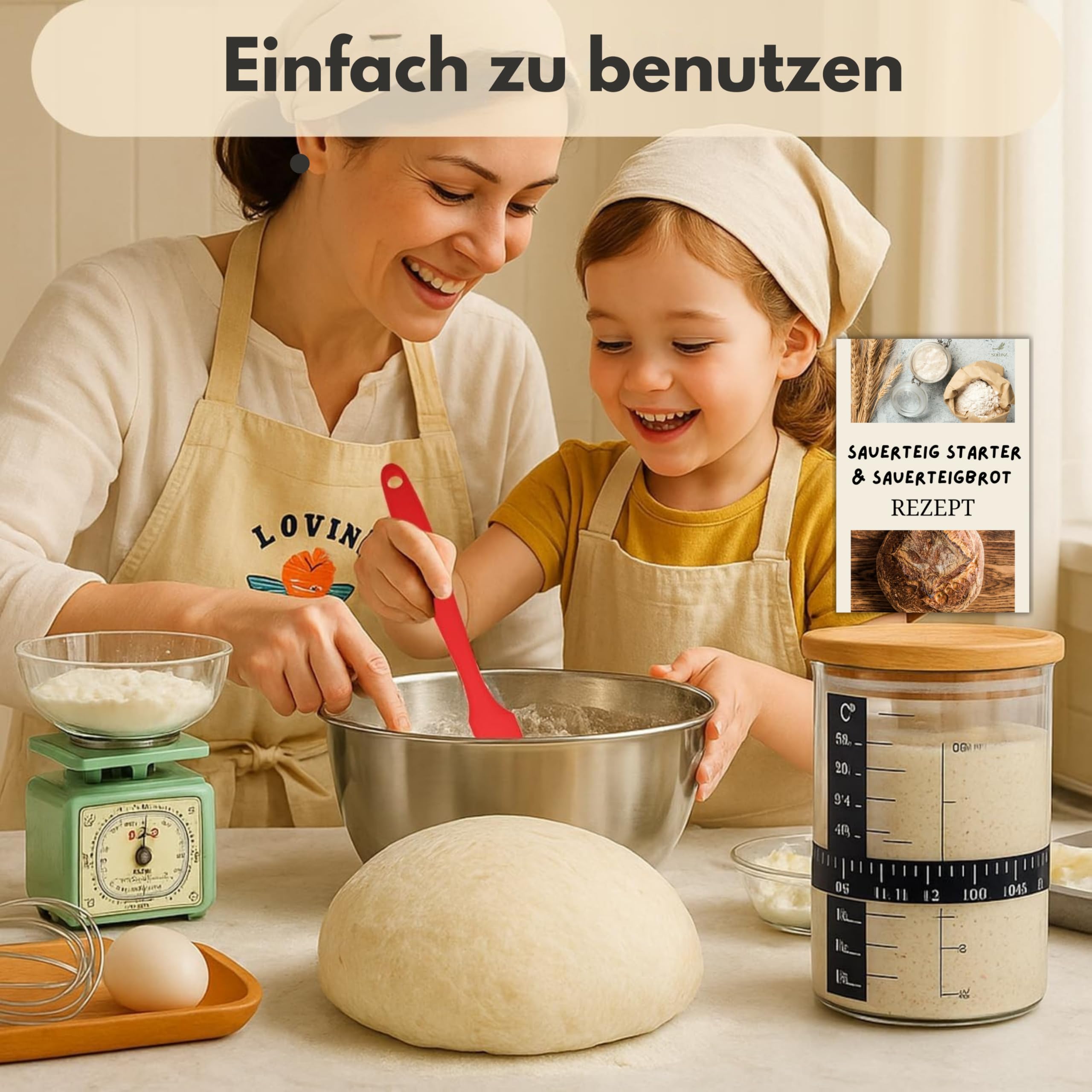 SoLuna. Sauerteig Starter Set Glas 1L/1000ml [Premium aus Borosilikat] - Sauerteig Glas Set mit Datumsband/Thermometer/Spatel/Stoffabdeckung/Deckel/Rezept - Sourdough Starter Kit (Rot, 7-teilig)
