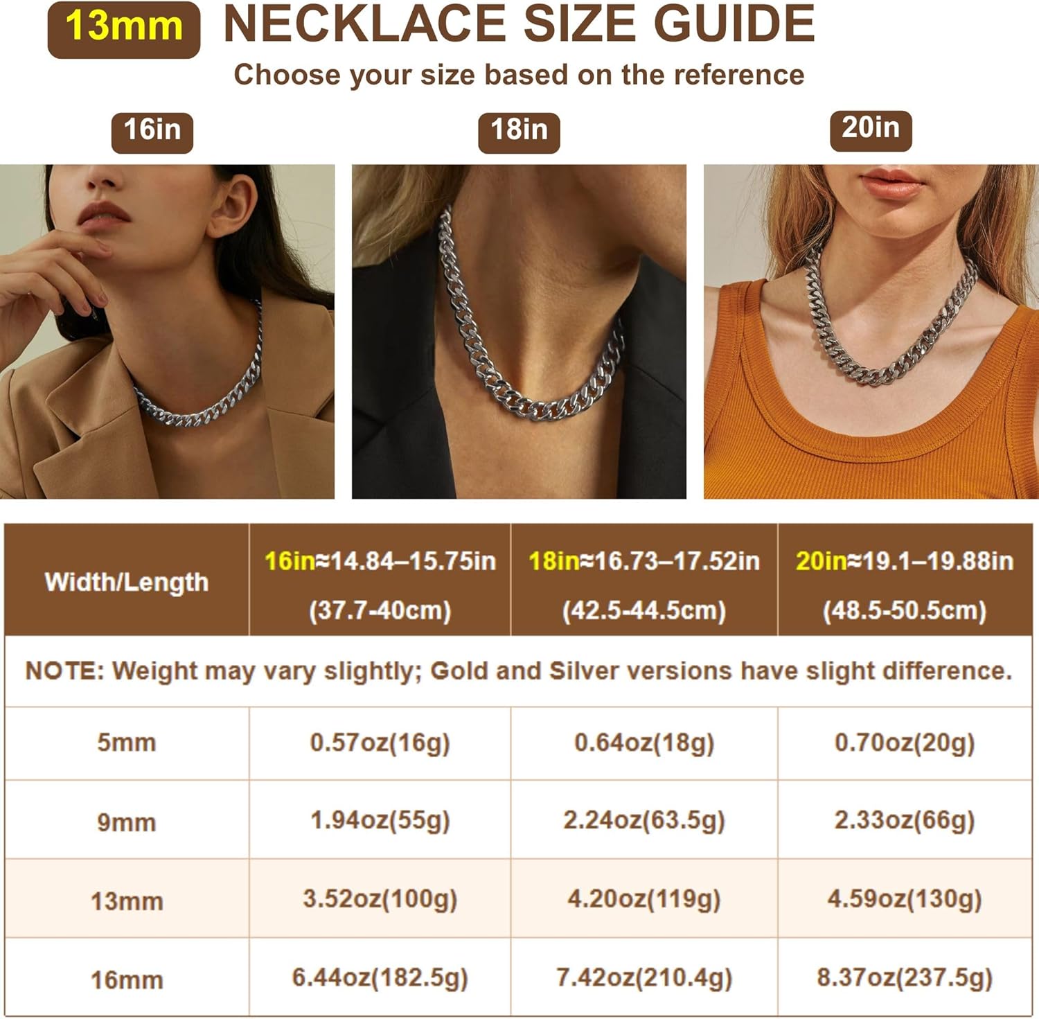 NOKMIT Chunky Cuban Link Curb Chain Necklace for Women Men Dainty 18K Gold Silver Tone Choker Thick Trendy Statement Diamond Cut Punk Hip Hop Cuban Chain Jewelry Gifts Unisex Size 5mm/9mm/13mm/16mm - Image 2