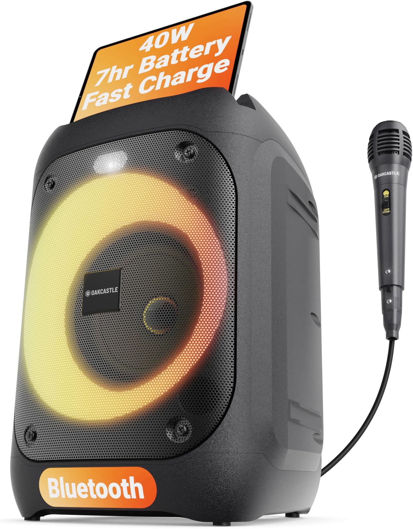 Portable Bluetooth Party Speaker | 40W Power & Rechargeable Battery up to 7H | Big Bluetooth Speaker 2.0 with Wired Microphone | Karaoke Mode, Party LED Lights & EQ Control | Oakcastle PS100