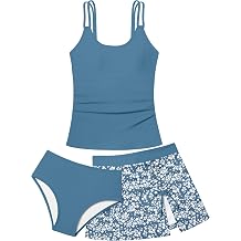 Girls Swimsuit Tropical 3 Piece Tankini Adjustable Strap Bathing Suit Solid Modest Swimwear with Drastring Skirt 9-16y