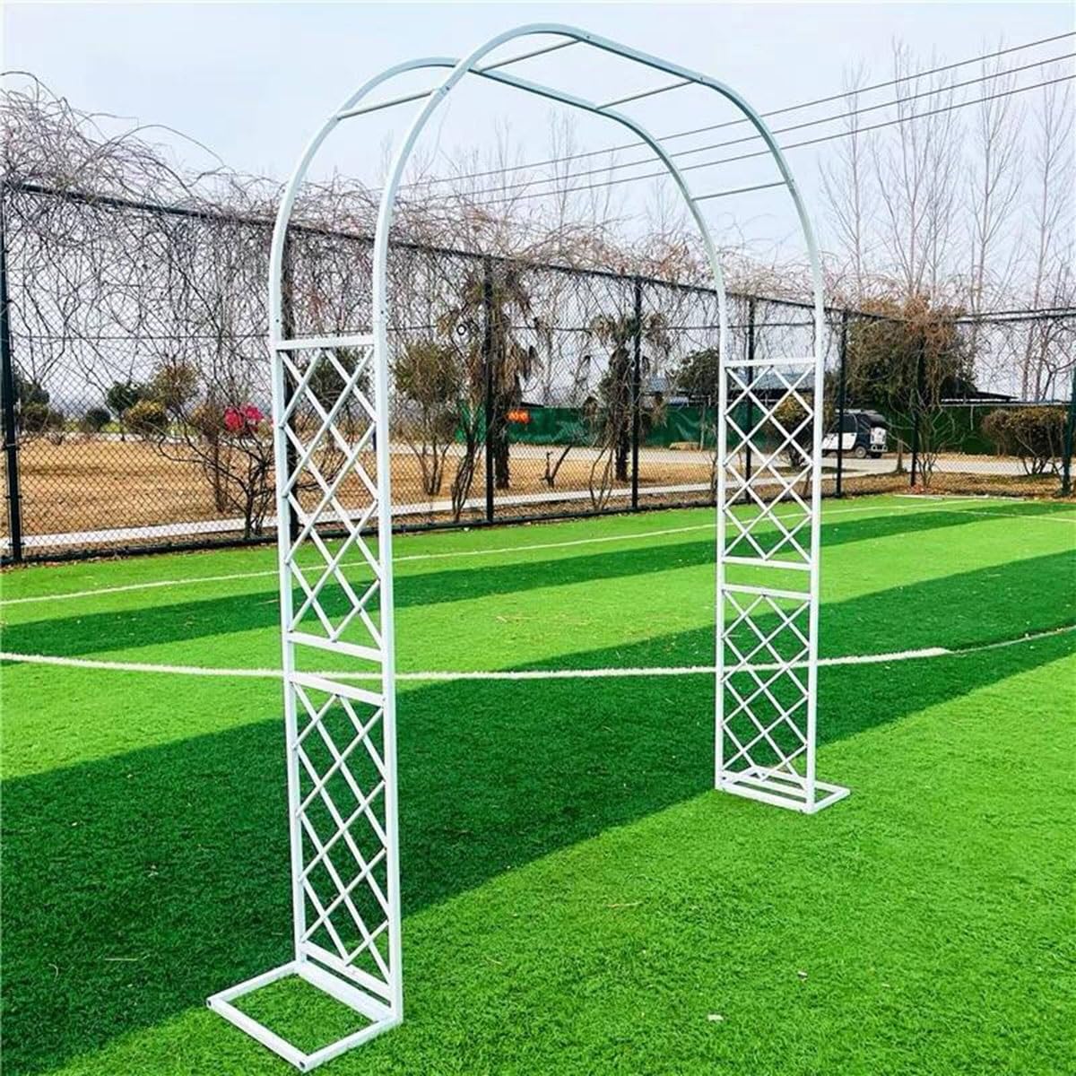 Metalowy łuk ogrodowy Pera Trellis stojak stabilny zewnętrzny altana do roślin pnących 260 x 270 cm biały regulowana wysokość 140-370 cm t na wesela i imprezy