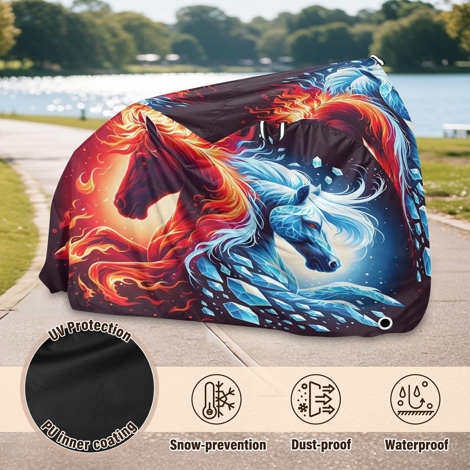 ALAZA Horse Fire & Ice Bike Cover Waterproof Outdoor Ebike Bicycle Covers Tarp Protection for 1/2 Bikes, Sun UV Dust Wind Proof
