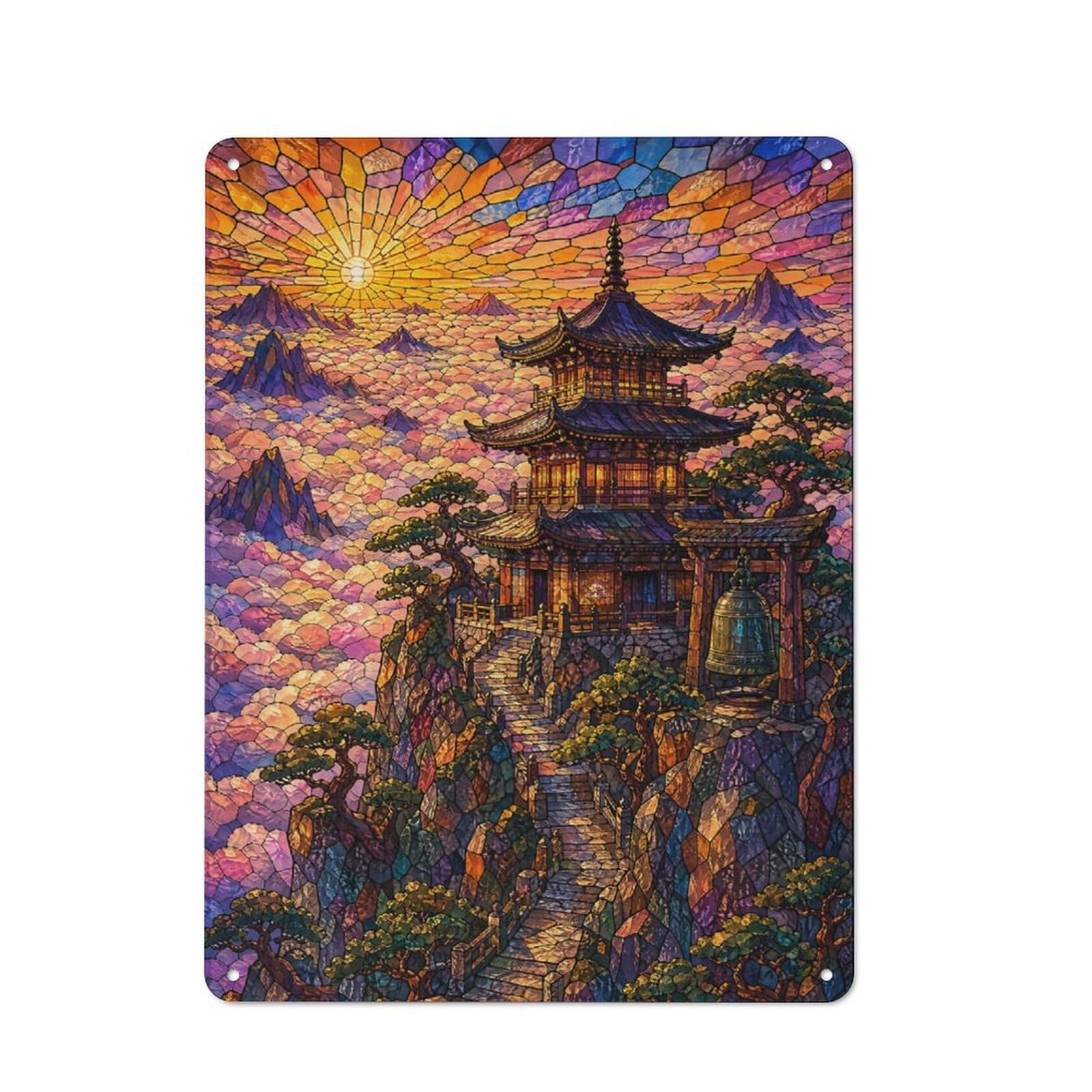 Junmoney Style-2 Character Decorative Tin Plaque 40X30cm Featuring Stained Glass Pagoda Above Clouds, Home Wall Decor For Flat, Dorm Room, Lounge Or Cafe