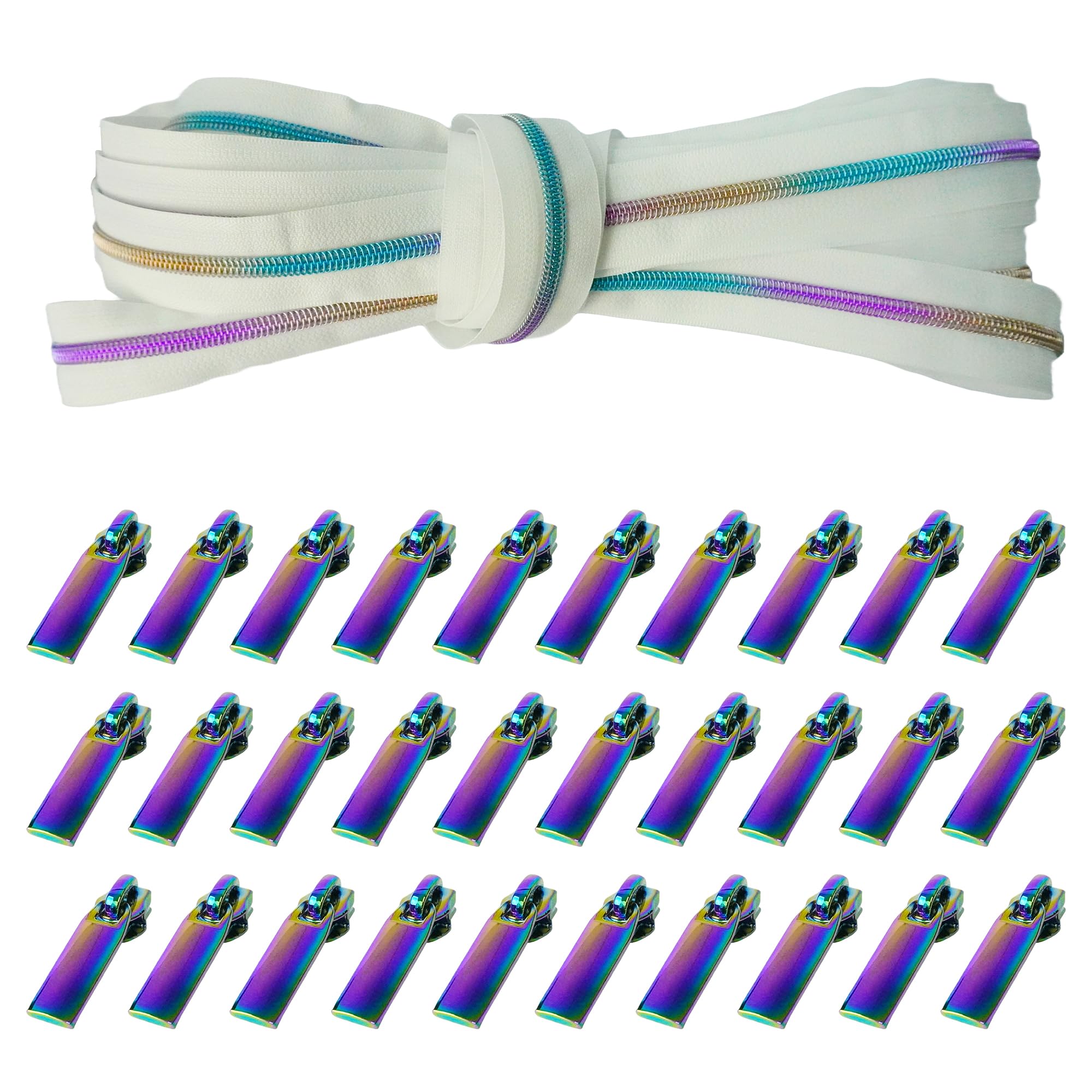 Trimming Shop Lot de 30 rubans de fermeture éclair rectangulaires en nylon arc-en-ciel avec fermeture éclair blanche de 10 mètres – Dents arc-en-ciel métalliques pour couture, couture