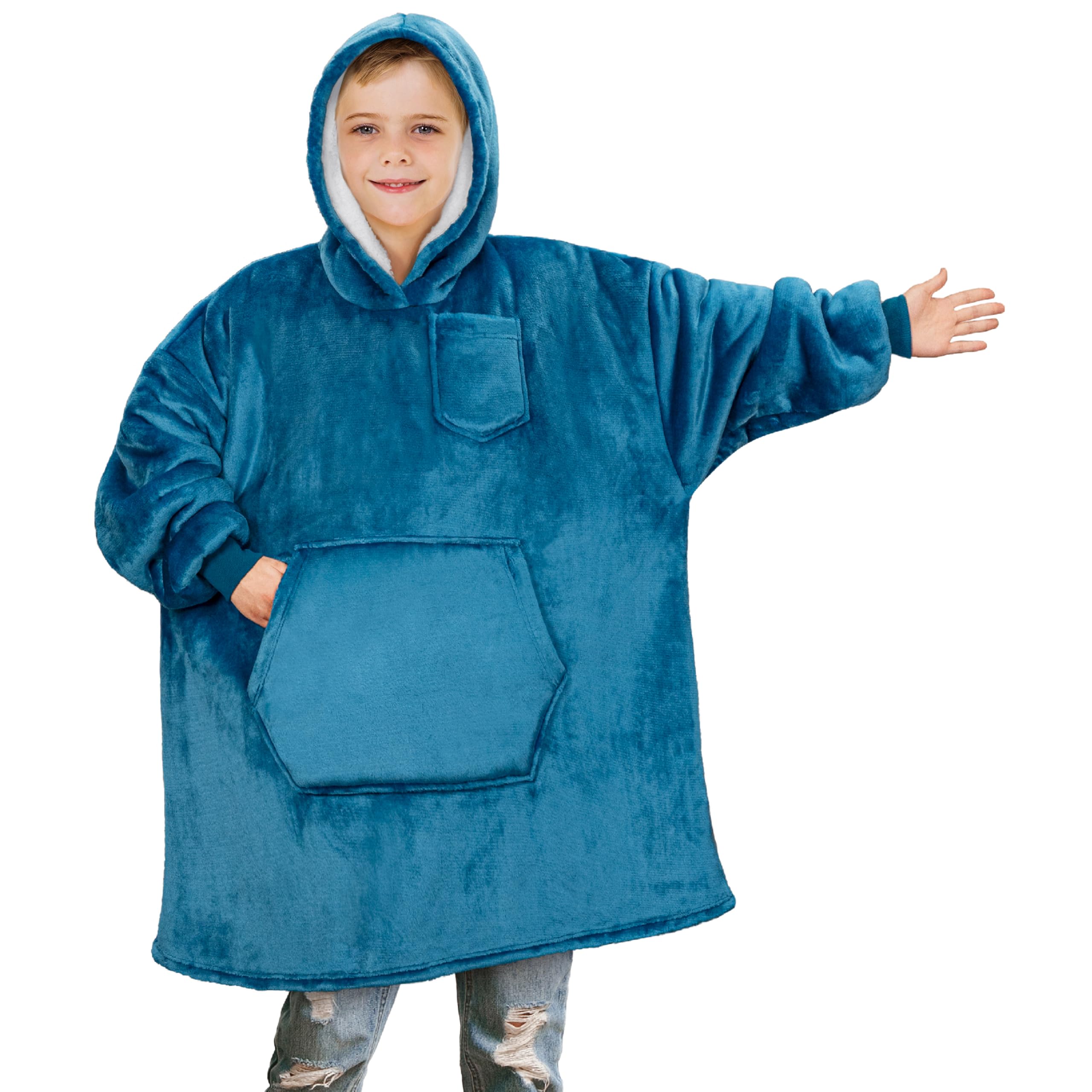 PAVILIA Wearable Blanket Sweatshirt Kids Boy Girl, Warm Cozy Giant Hoodie, Fleece Sherpa Oversized Hood Sleeves, Big Pocket