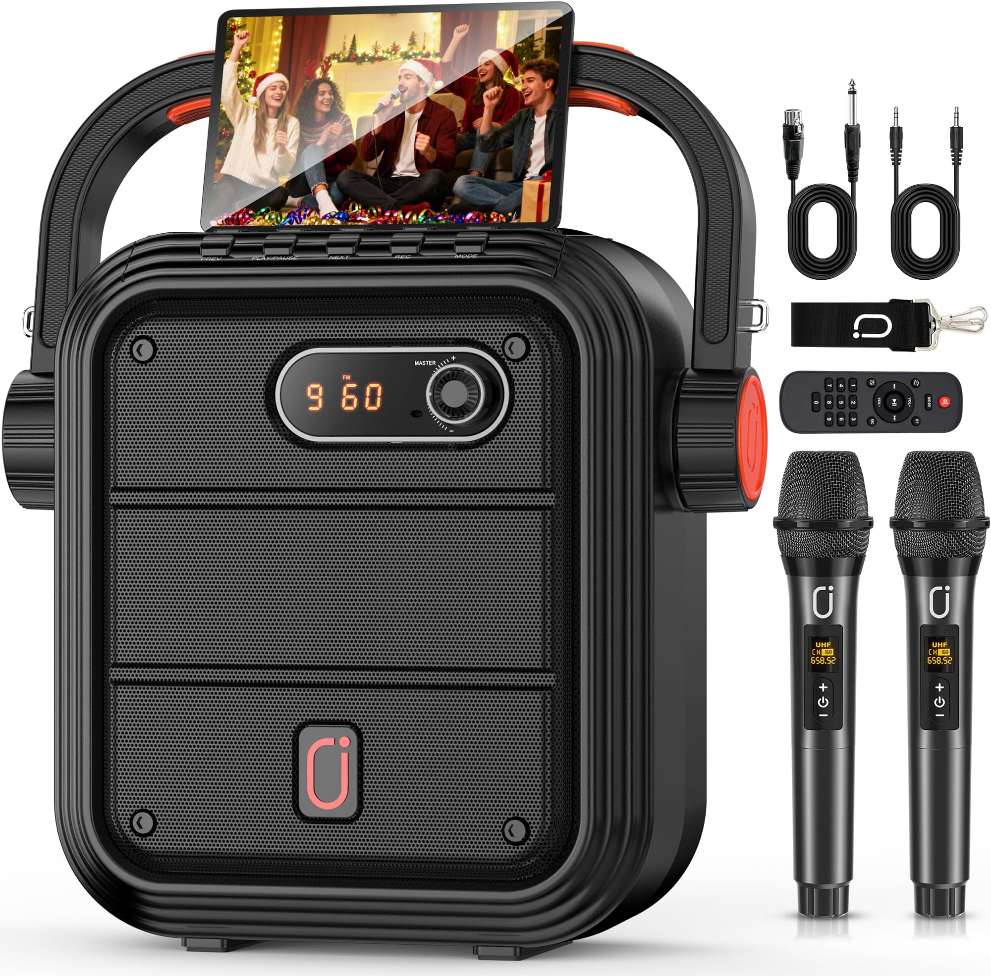 Karaoke Machine with 2 Wireless Microphones, Portable Bluetooth Speaker with Shoulder Strap/Remote, Power PA System Support SD Card/USB/AUX/TWS/TV/Smartphone/FM, Bass &Treble for Party/Meeting