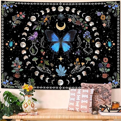 Neasow Tapiz de fase lunar de mariposa azul, tapiz de jardín de flores de plantas coloridas, decoración de pared con estrellas botánicas florales