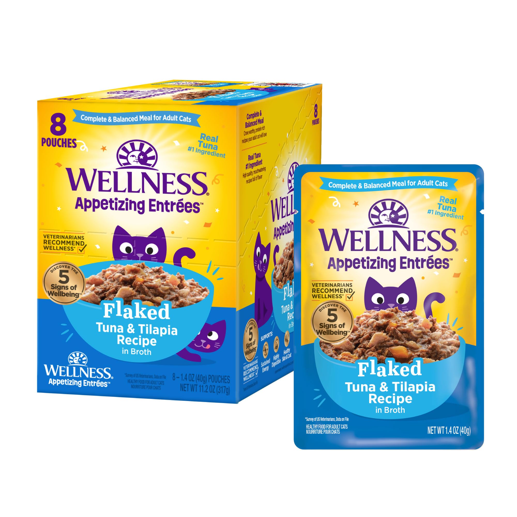 Wellness Appetizing Entrées Flaked Adult Wet Cat Food, Natural, Protein-Rich, Grain Free, 1.4 Ounce Pouch, 8 Pack (Tuna & Tilapia Recipe)