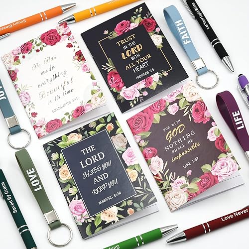 Miniatura 4 de SGIP Juego de 36 piezas de regalos de la Biblia cristiana bolígrafos de versículos de la Biblia cuadernos cristianos llaveros con cita de la Biblia