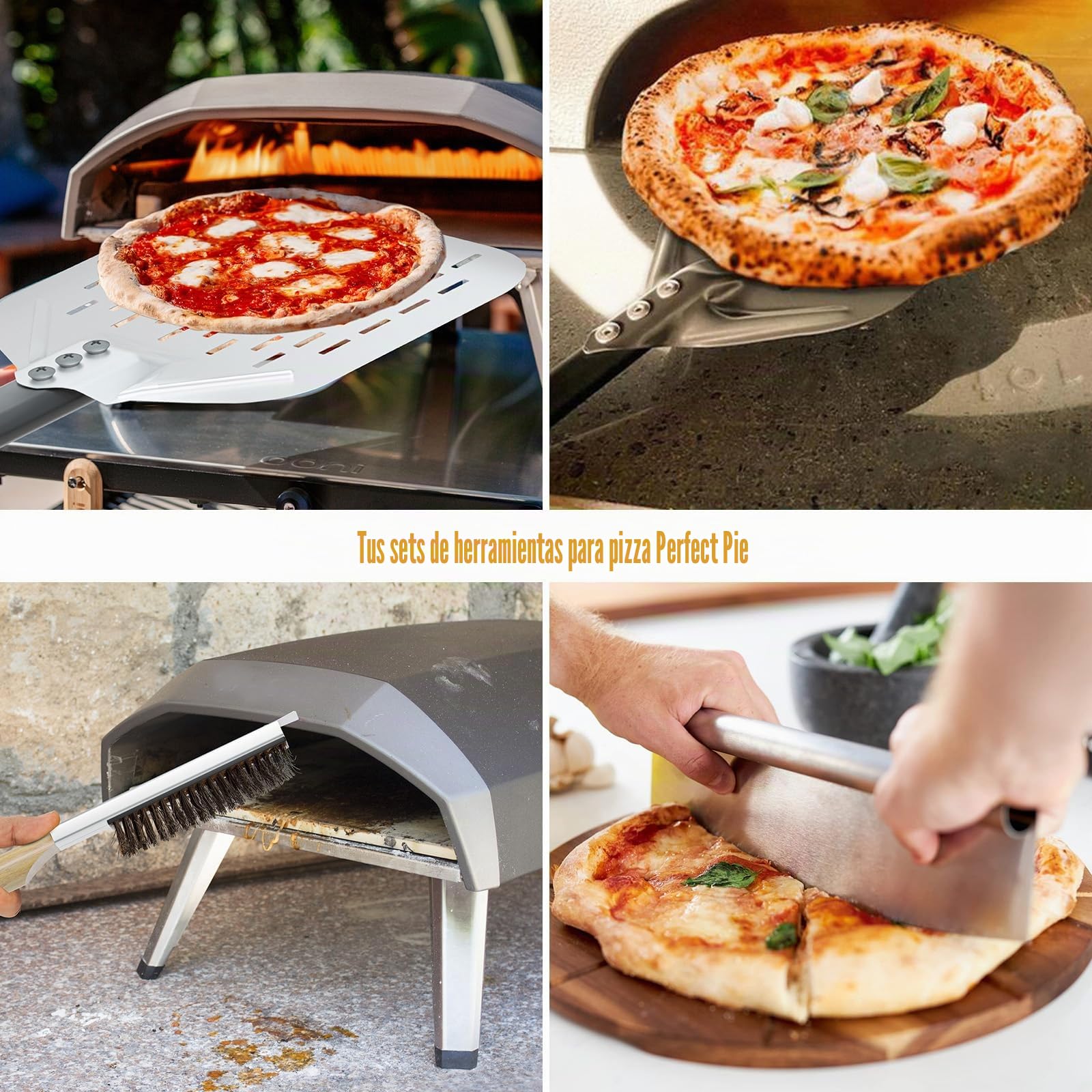 Juego de 4 Utensilios para Pizza, Pala para Pizza Perforada de 30 cm, Pala de Pizza de Aluminio de 23 cm, Cortador de Pizza Profesional y Cepillo para Horno de Pizza