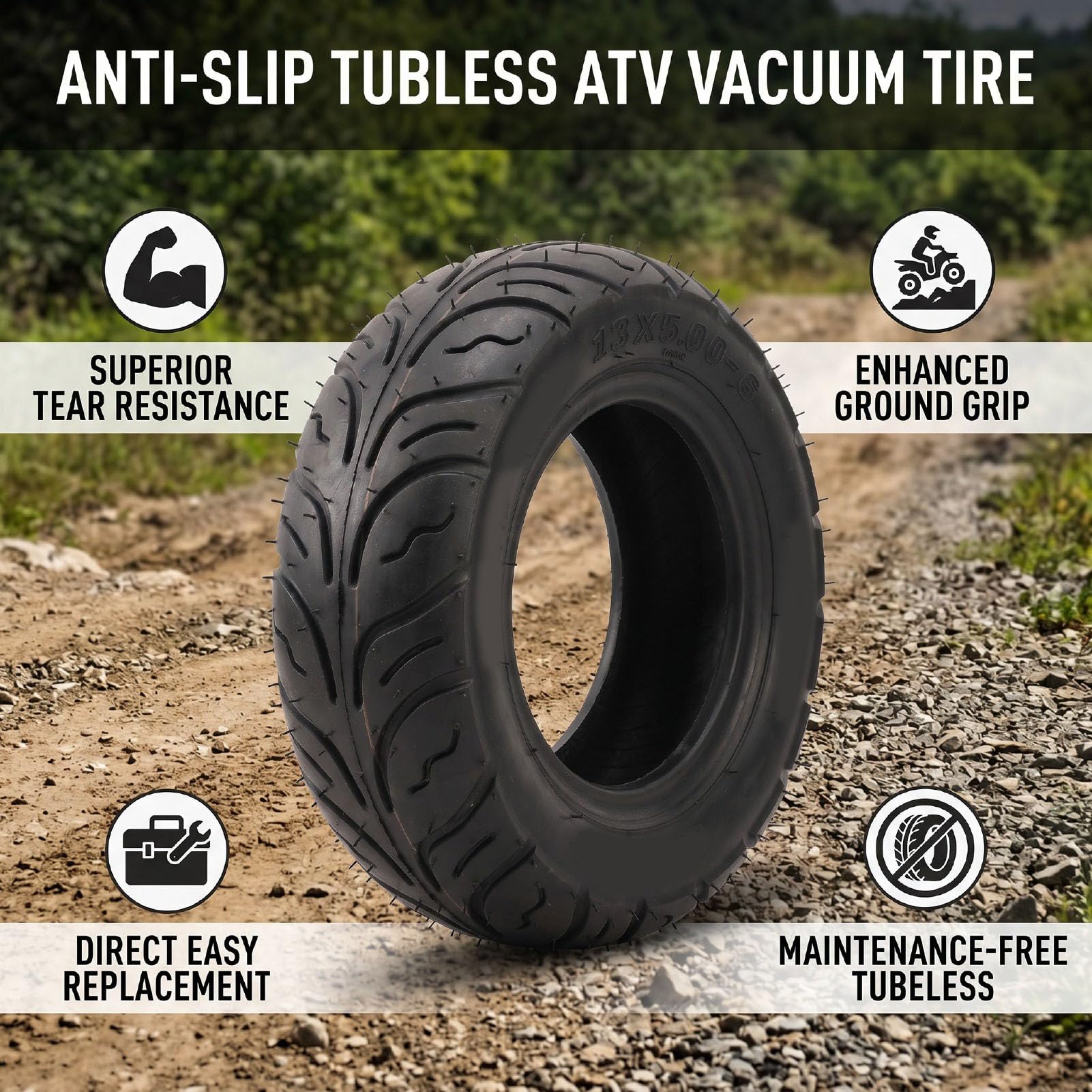 Tbest 13x5.00-6 Reifen 13/5.00-6 Reifen Zoll Tubeless Ersatz-Polymer-Gummi Rutschfest Reißfest Anti-Schlag mit Schultertraktion für ATV Quad Go Kart Cart Scooter