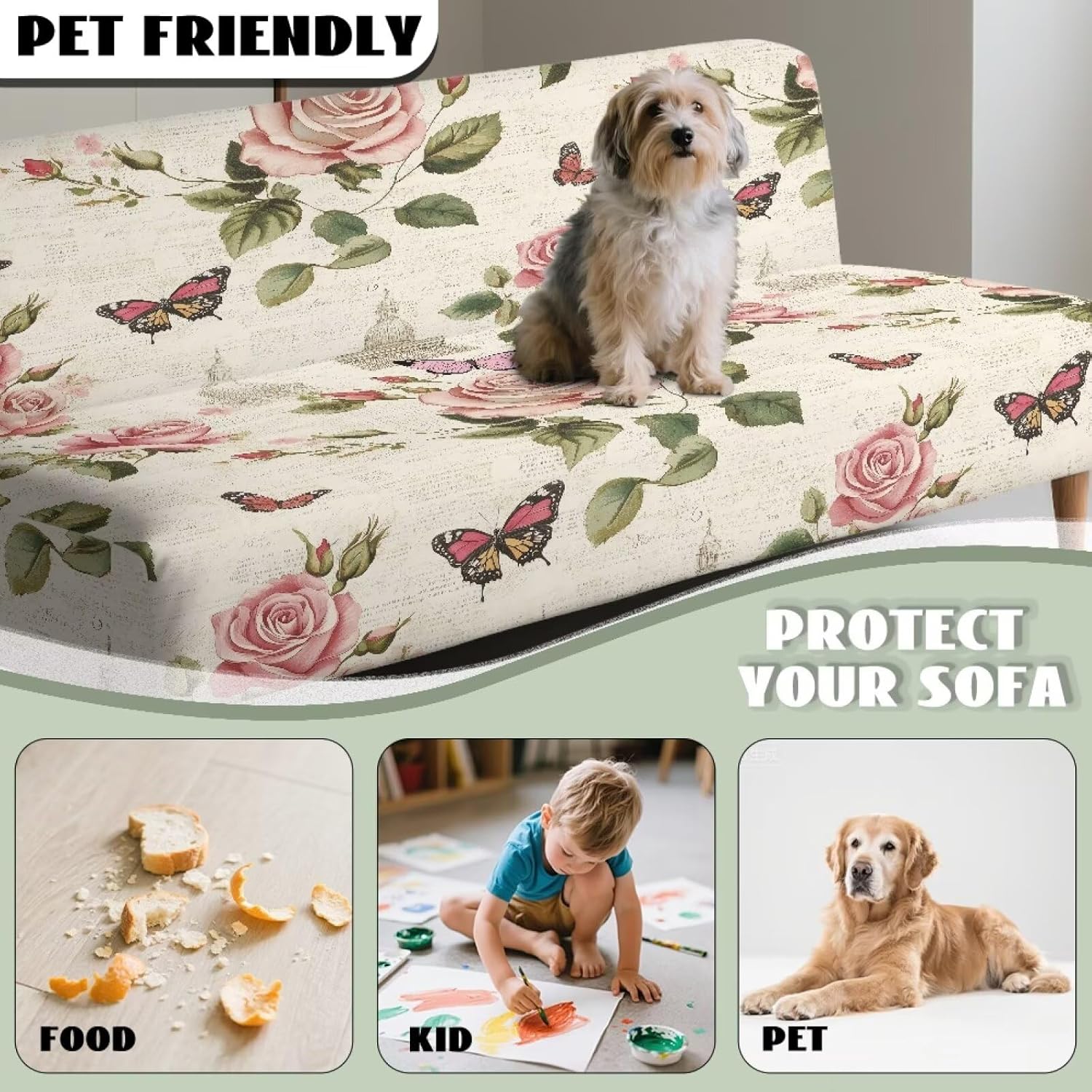 Flower Butterfly Armless Sofa Cover Rose Pink Futon Mattress Cover Futon Covers with Elastic Bottom Sofa Slipcovers Washable Couch Covers Furniture Protector