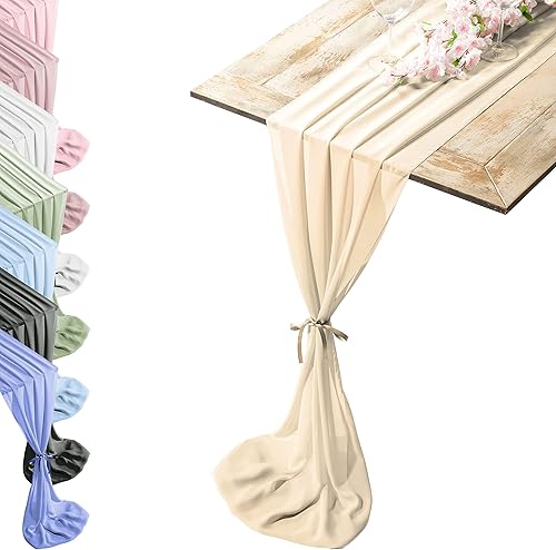 Camino de mesa de gasa sedoso al tacto con dos estilos de lazos de cinta, camino de mesa rubio y marfil, camino de mesa de boda de 29 x 120