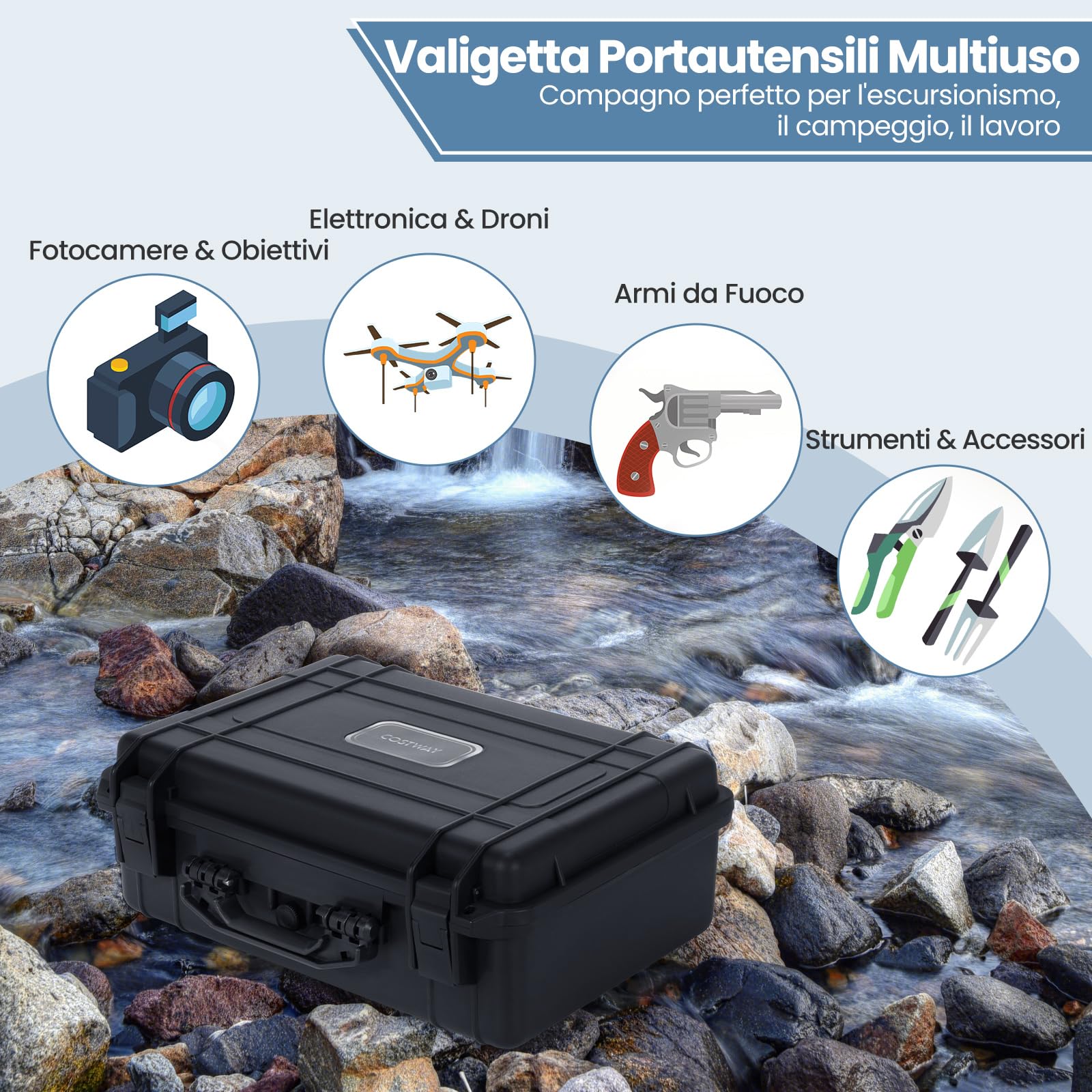 GYMAX Valigia Impermeabile Rigida, con Spugna Protettiva, Adatto per Macchina Fotografica, Videocamera, Ideale per Trasporto e Viaggio, Nero (47 x 37 x 18 cm)