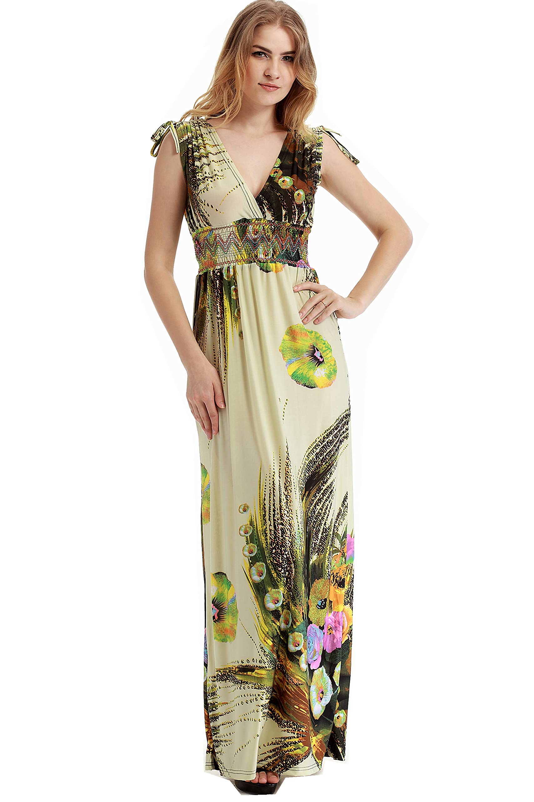 Merciy Women's Maxi Dress Summer Beach Sleeveless Bohemian Print Chic V-Neck Maxi Dress, beige, XL