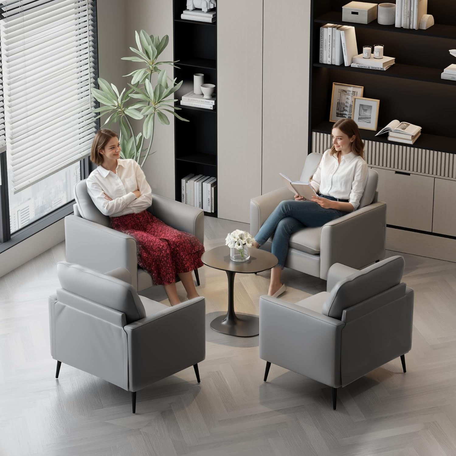 TYBOATLE Accent Chair Set of 2, Grey Leather Accent Chair, Comfy Living Room Chair, Cozy Reading Sitting Chair, Mid Century Modern Accent Chairs, Arm Reception Chairs, Office Furniture