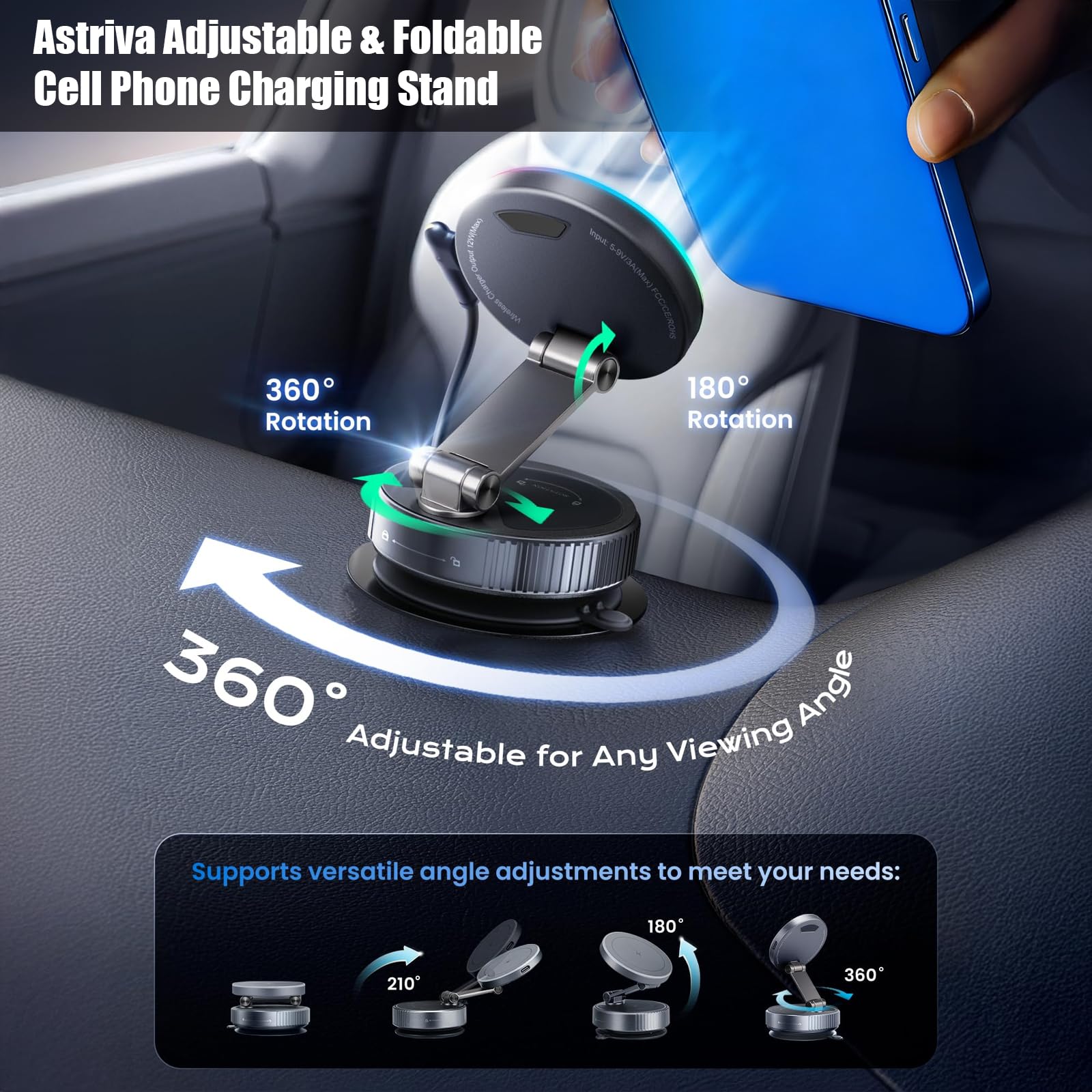 15W Magnetische KFZ Handyhalterung mit Ladefunktion & Kabellosem Schnellladegerät, Autohalterung 360° Drehbar & Faltbar, Vakuum-Saugnapf, Kompatibel mit iPhone 17 16 15 14 & Samsung (Grau)