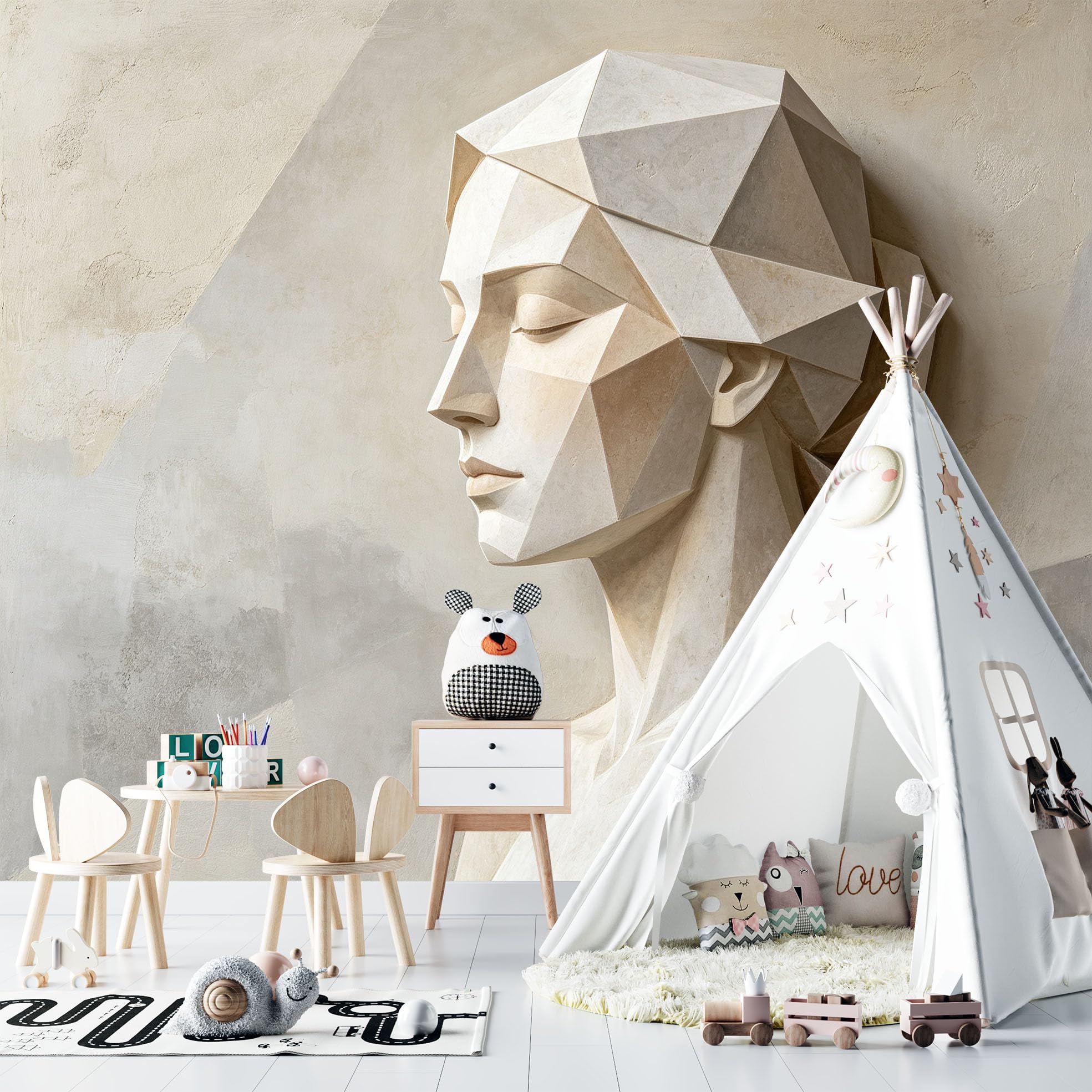 Papier Peint Intissé Fresque Murale Abstraite Géométrique À Facettes Représentant Des Sculptures Féminines 300 x 210 cm Papier Peint Photo 3D Art Mural Moderne pour Salon et Chambre.